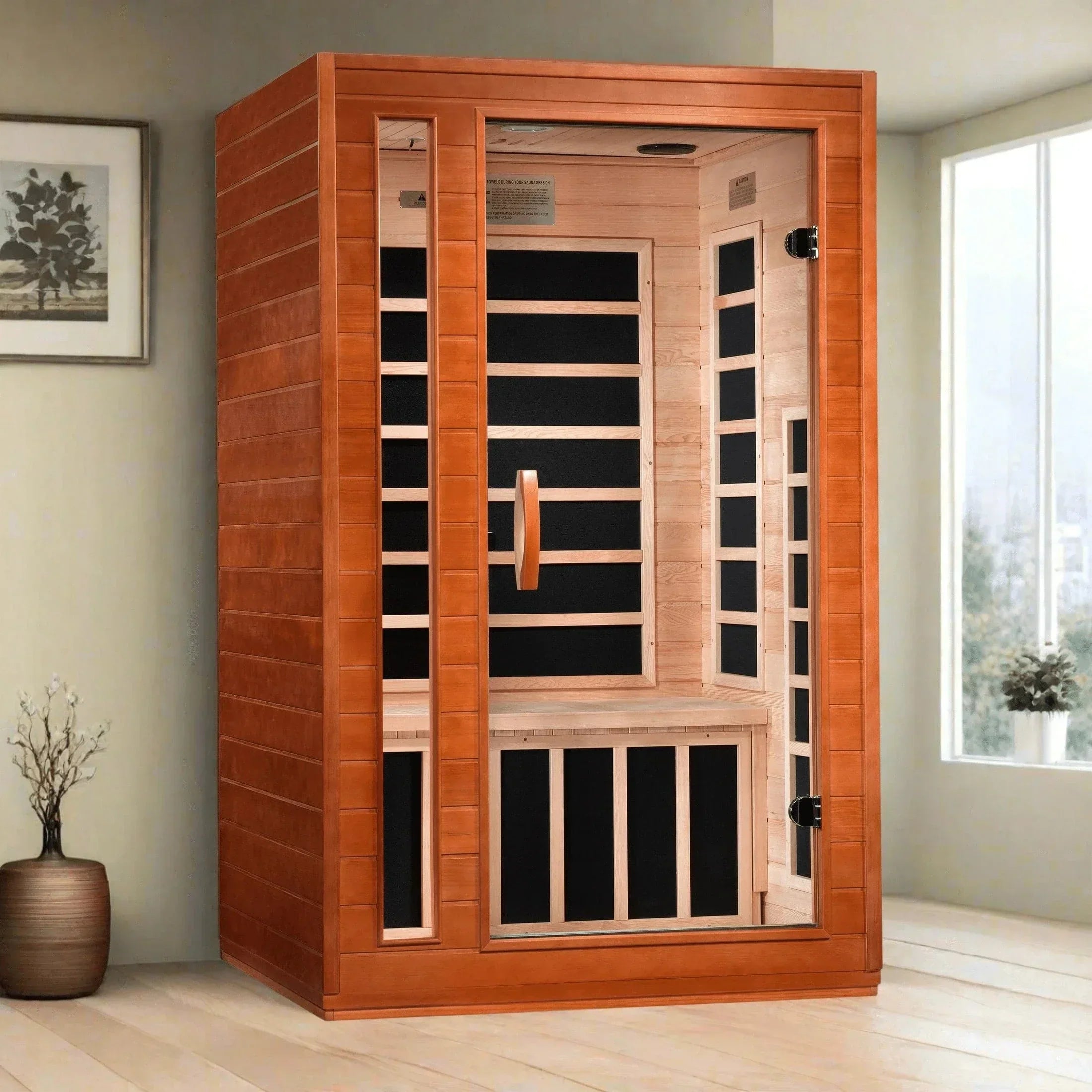 Dynamic Cordoba Elite 2-person FAR Infrared Sauna DYN-6203-01 with Ultra Low EMF heating, Canadian Hemlock wood construction, and indoor home wellness relaxation design.