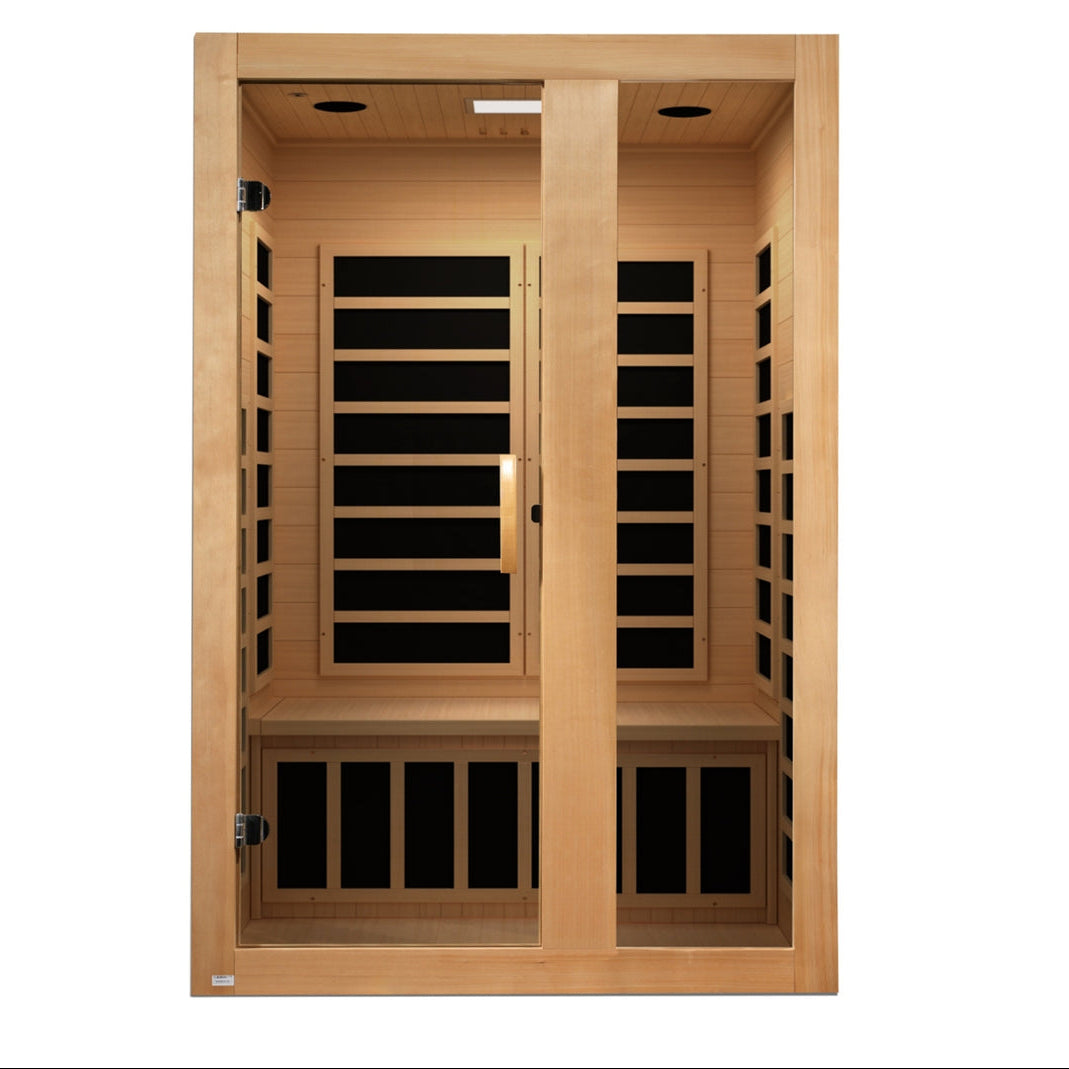 DYN-6229-01 Elite Dynamic Serena 2-Person Infrared Sauna with ultra low EMF FAR infrared heating, crafted from Canadian Hemlock wood, compact indoor home sauna for relaxation and wellness therapy