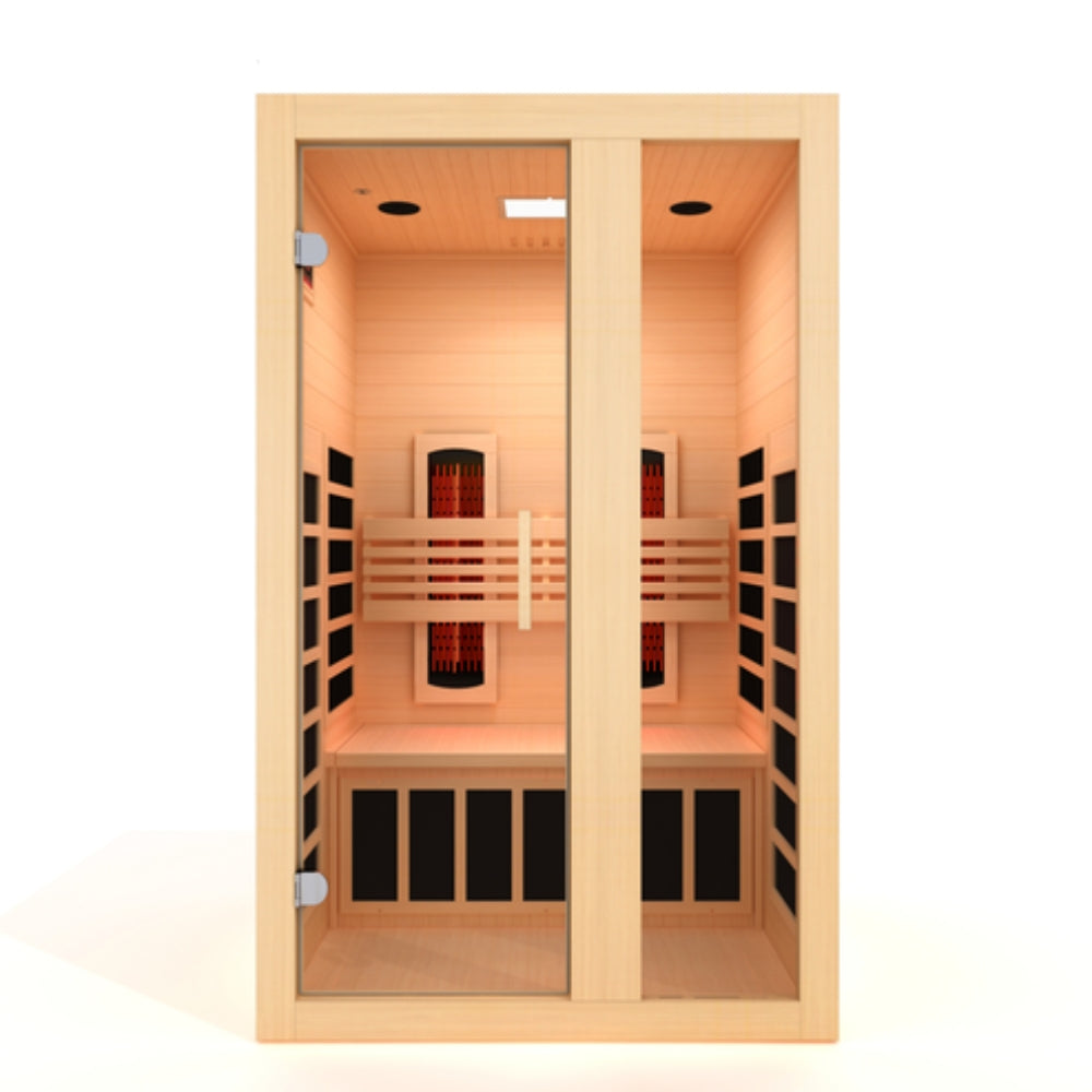 DYN-6229-03 Dynamic Serena 2-Person Full Spectrum Infrared Sauna with Canadian Hemlock wood construction, near-zero EMF heating, chromotherapy lighting, and advanced full-body infrared wellness therapy for home relaxation and detox.