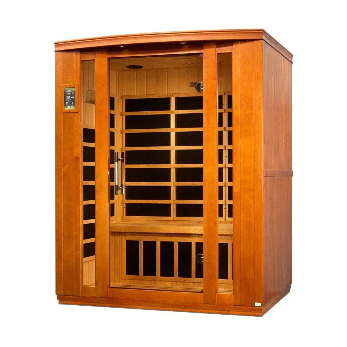 Dynamic Bellagio 3-Person Low EMF FAR Infrared Sauna DYN-6306-02 with Canadian Hemlock wood, energy-efficient infrared heating panels, Bluetooth audio, chromotherapy lighting, and compact indoor home spa design for wellness and relaxation.