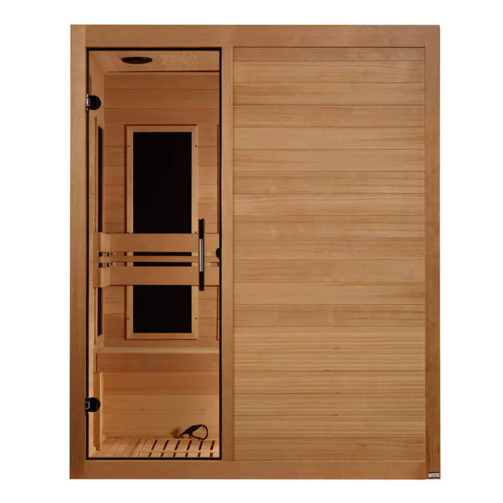 DYN-6315-05 Dynamic Toscana 3-Person Infrared Sauna with ultra low EMF FAR infrared heating, crafted from Canadian Hemlock wood for spacious home wellness and relaxation therapy.