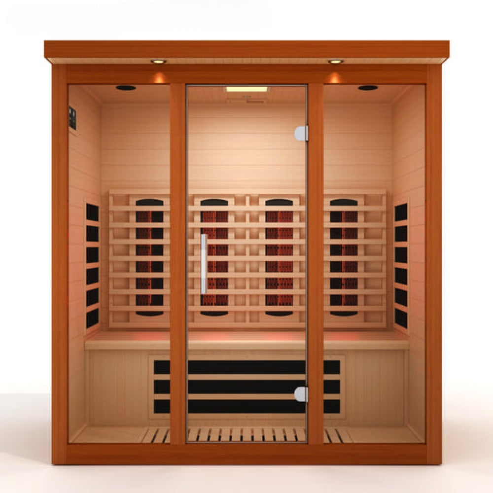 Dynamic Vila Grande 4-Person Full Spectrum Near Zero EMF Far Infrared Sauna DYN-6415-03 FS with Canadian Hemlock wood, spacious indoor design, chromotherapy lighting, Bluetooth audio system, and advanced full-body wellness heating technology.