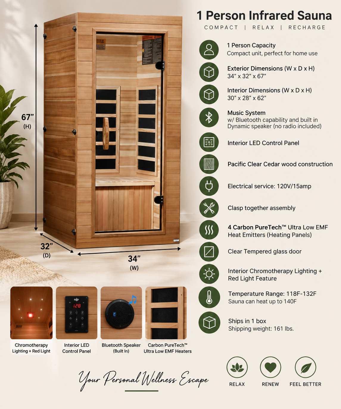Dynamic Vero 1-Person (Compact) Ultra Low EMF FAR Infrared Sauna Elite