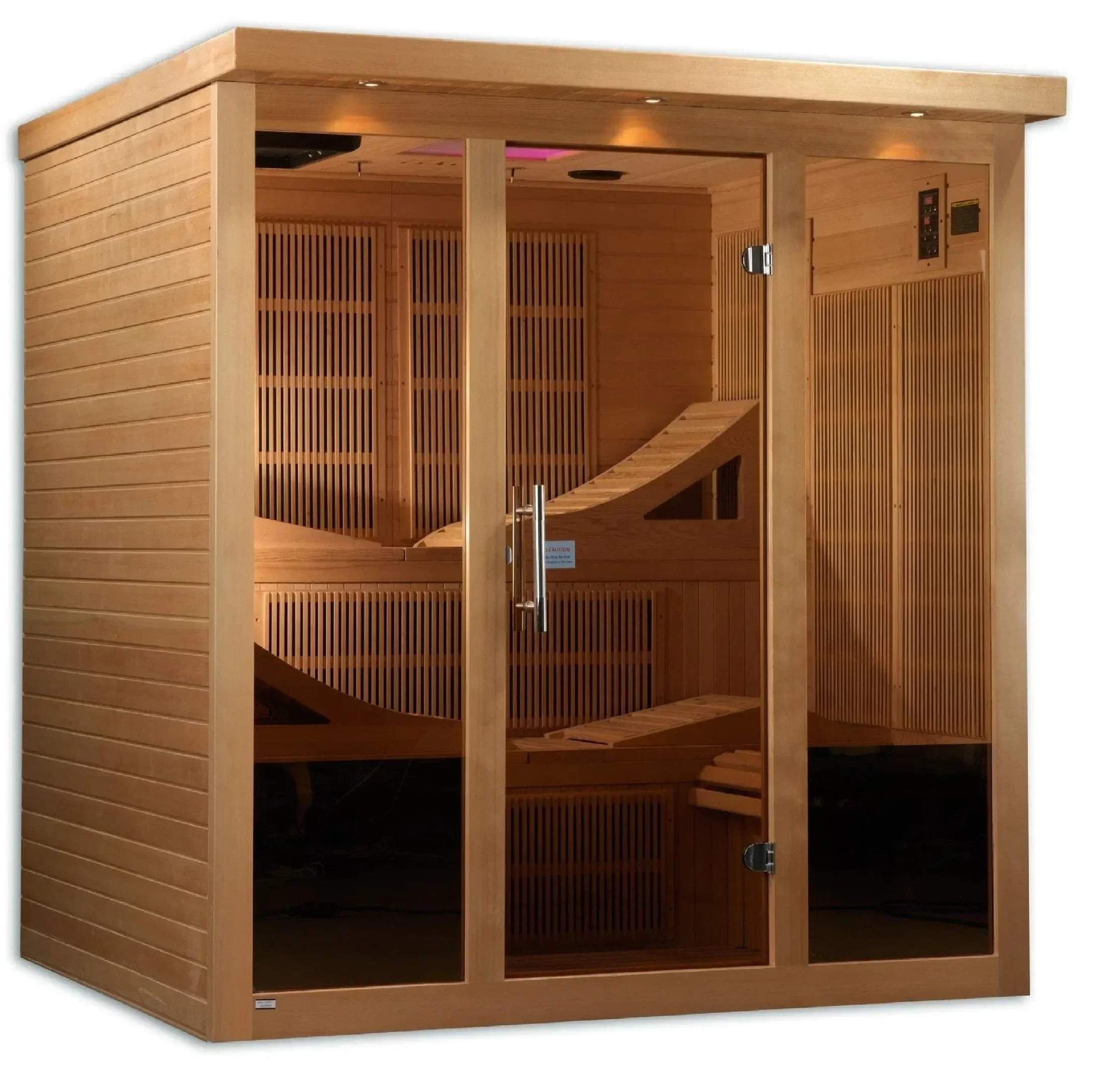 GDI-6996-01  Golden Designs Monaco 6-person FAR infrared sauna cabin built with natural Canadian Hemlock wood and low-EMF heating technology.