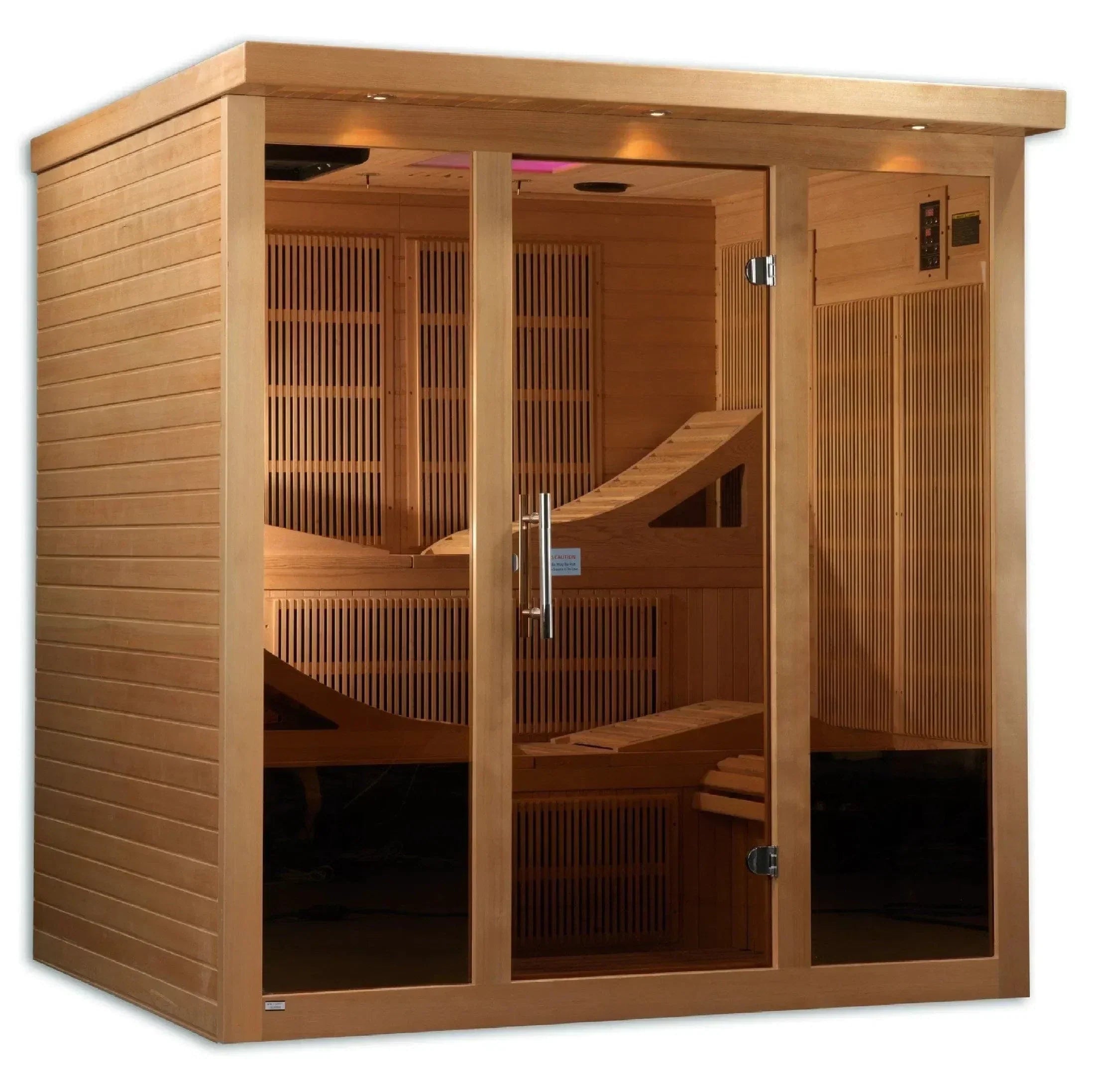 GDI-6996-01  Golden Designs Monaco 6-person FAR infrared sauna cabin built with natural Canadian Hemlock wood and low-EMF heating technology.