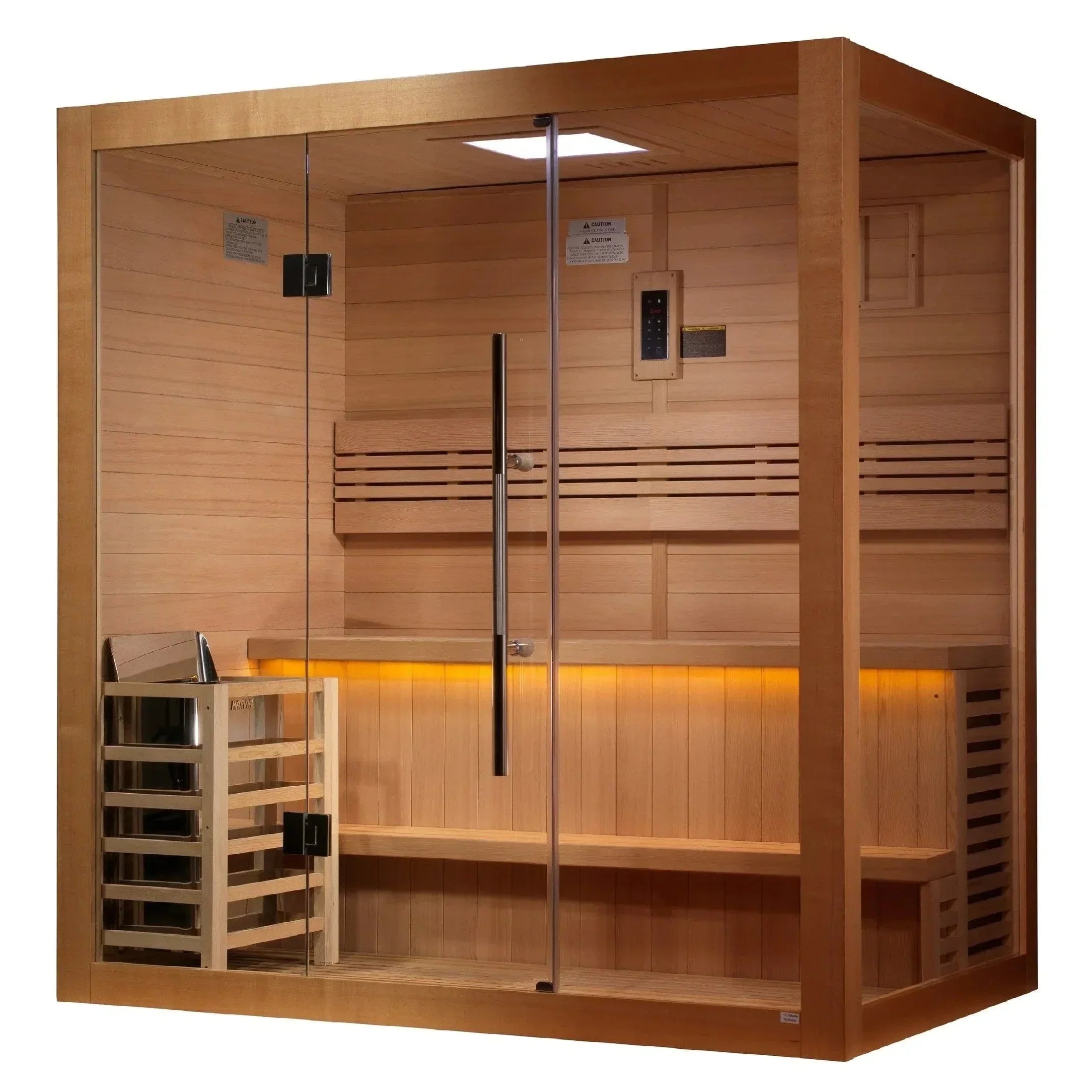 Golden Designs Forssa Edition 3 Person Indoor Traditional Sauna GDI-7203-01 crafted from natural wood with spacious bench seating for a relaxing home wellness experience.