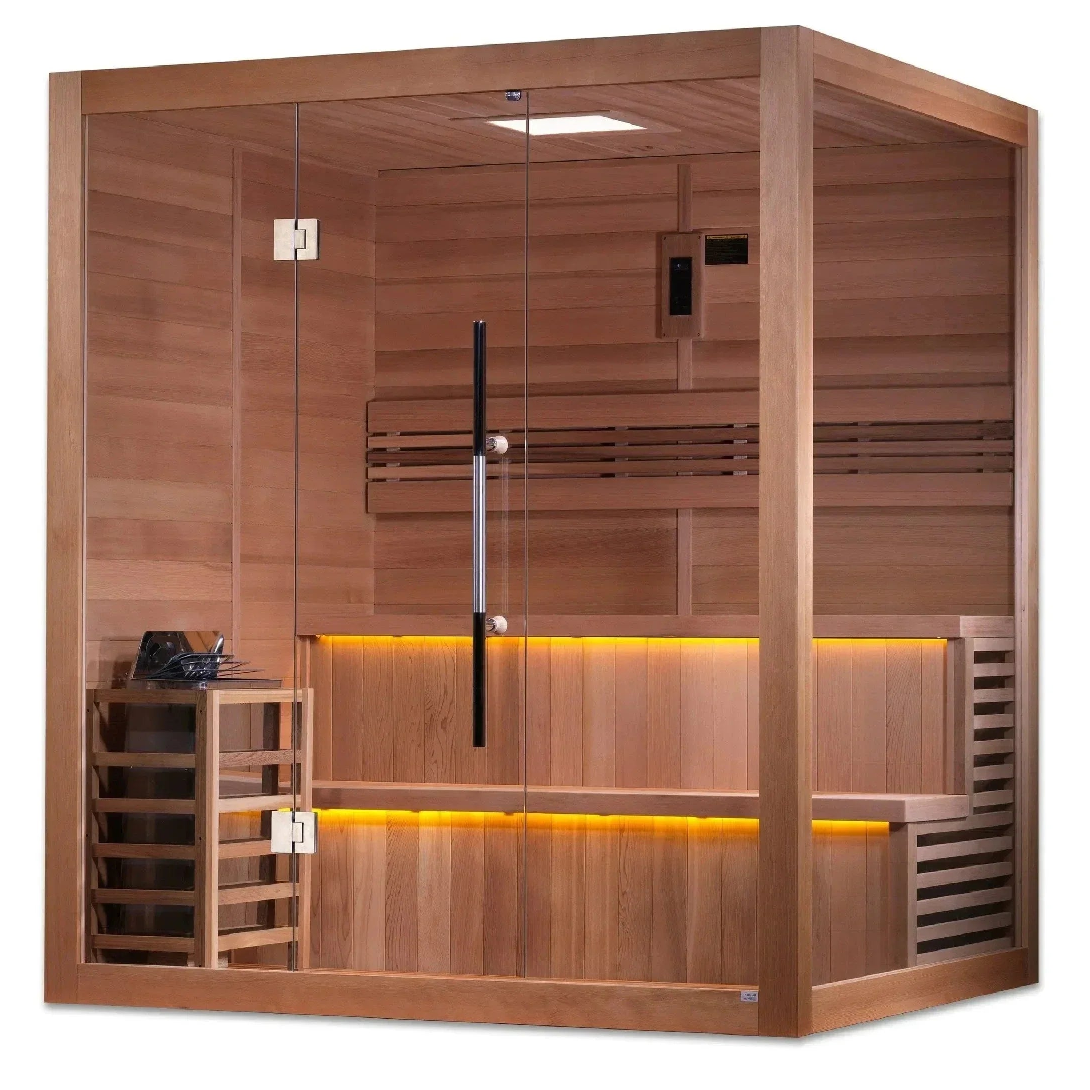 Golden Designs Kuusamo Edition GDI-7206-01 6-person indoor traditional sauna cabin featuring a premium Canadian Hemlock wood exterior frame.