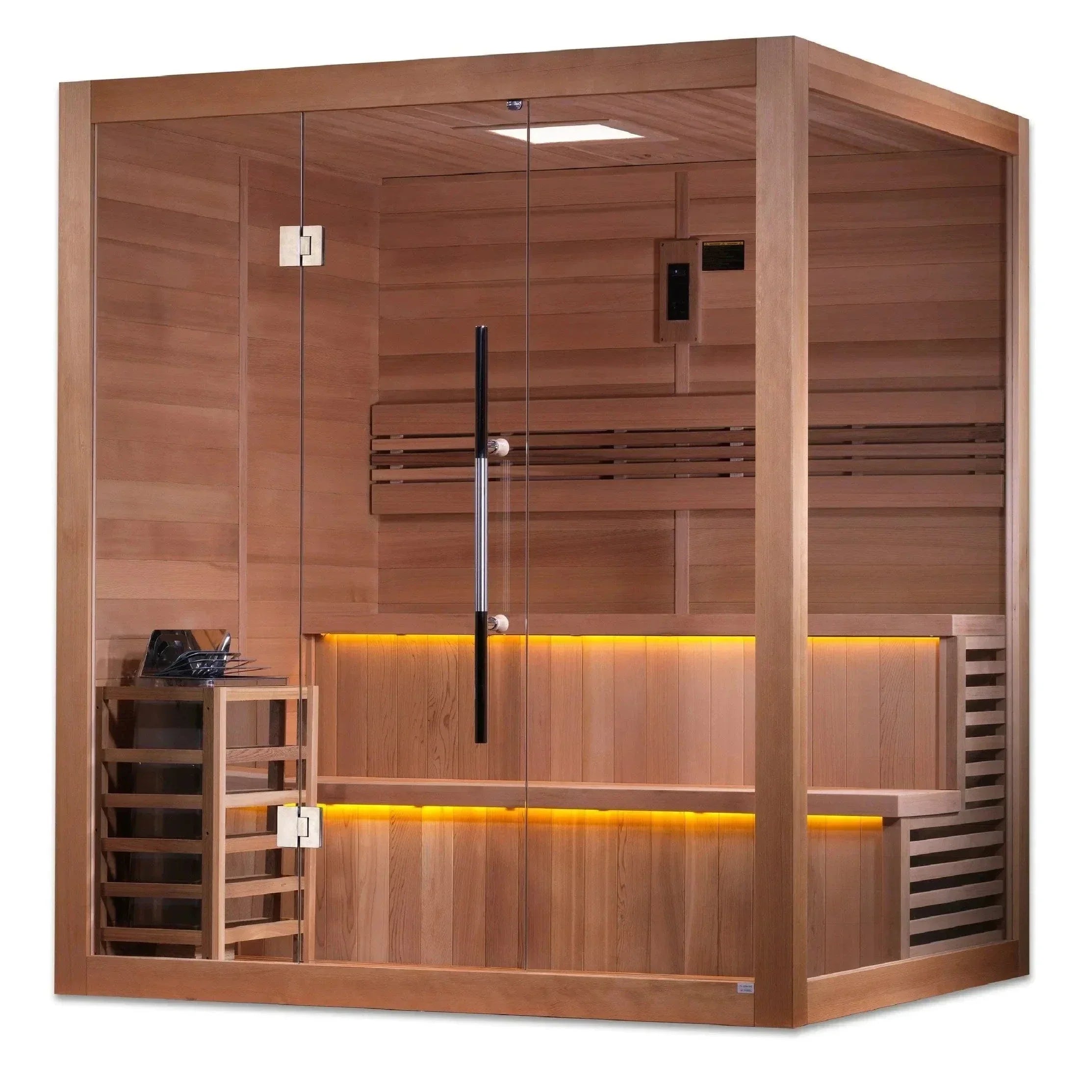 Golden Designs Kuusamo Edition GDI-7206-01 6-person indoor traditional sauna cabin featuring a premium Canadian Hemlock wood exterior frame.
