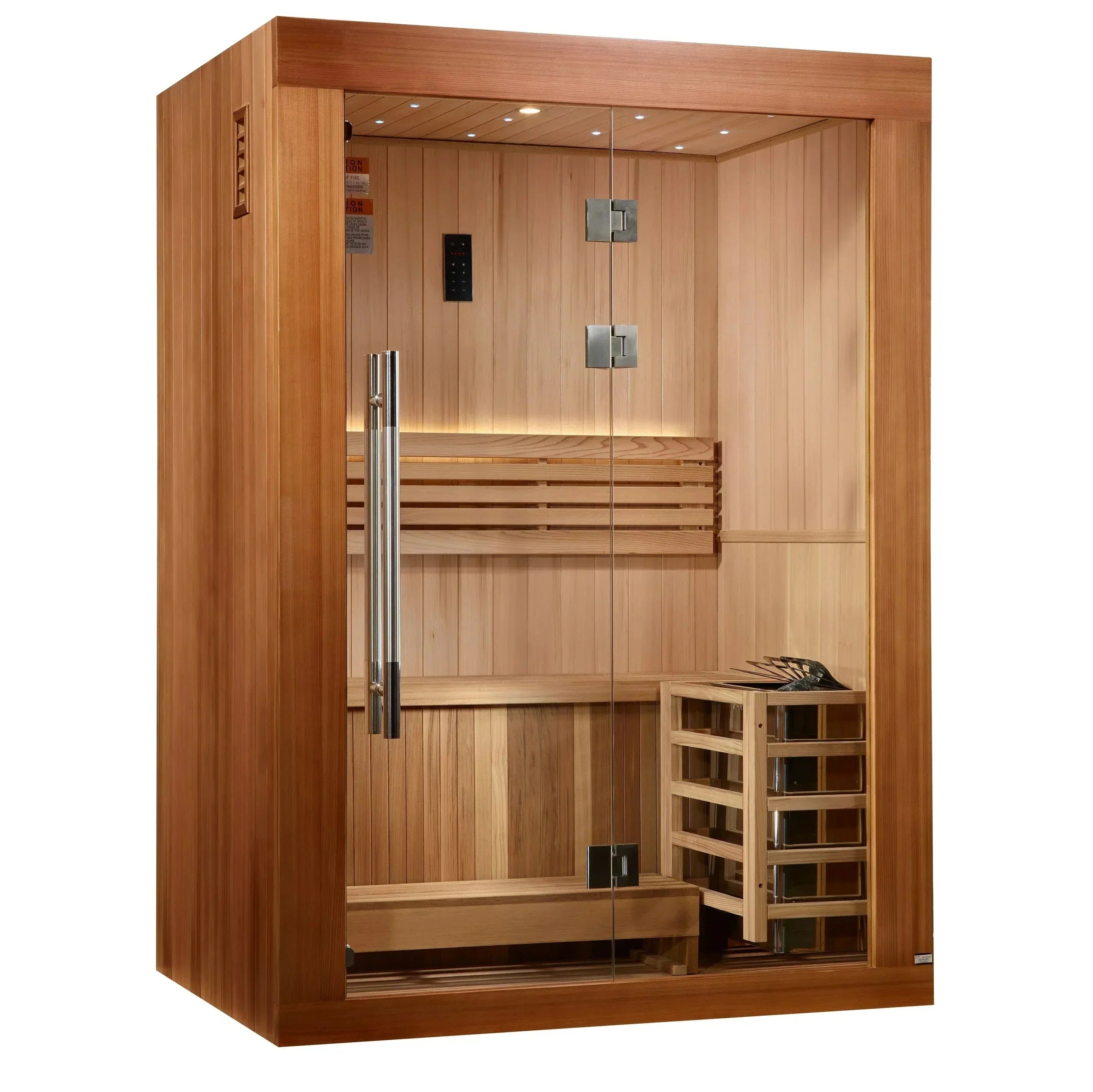 GDI-7289-02 Golden Designs 2025 Sundsvall Edition 2-person traditional sauna cabin with a Pacific Premium Clear Cedar exterior and clear tempered glass door.