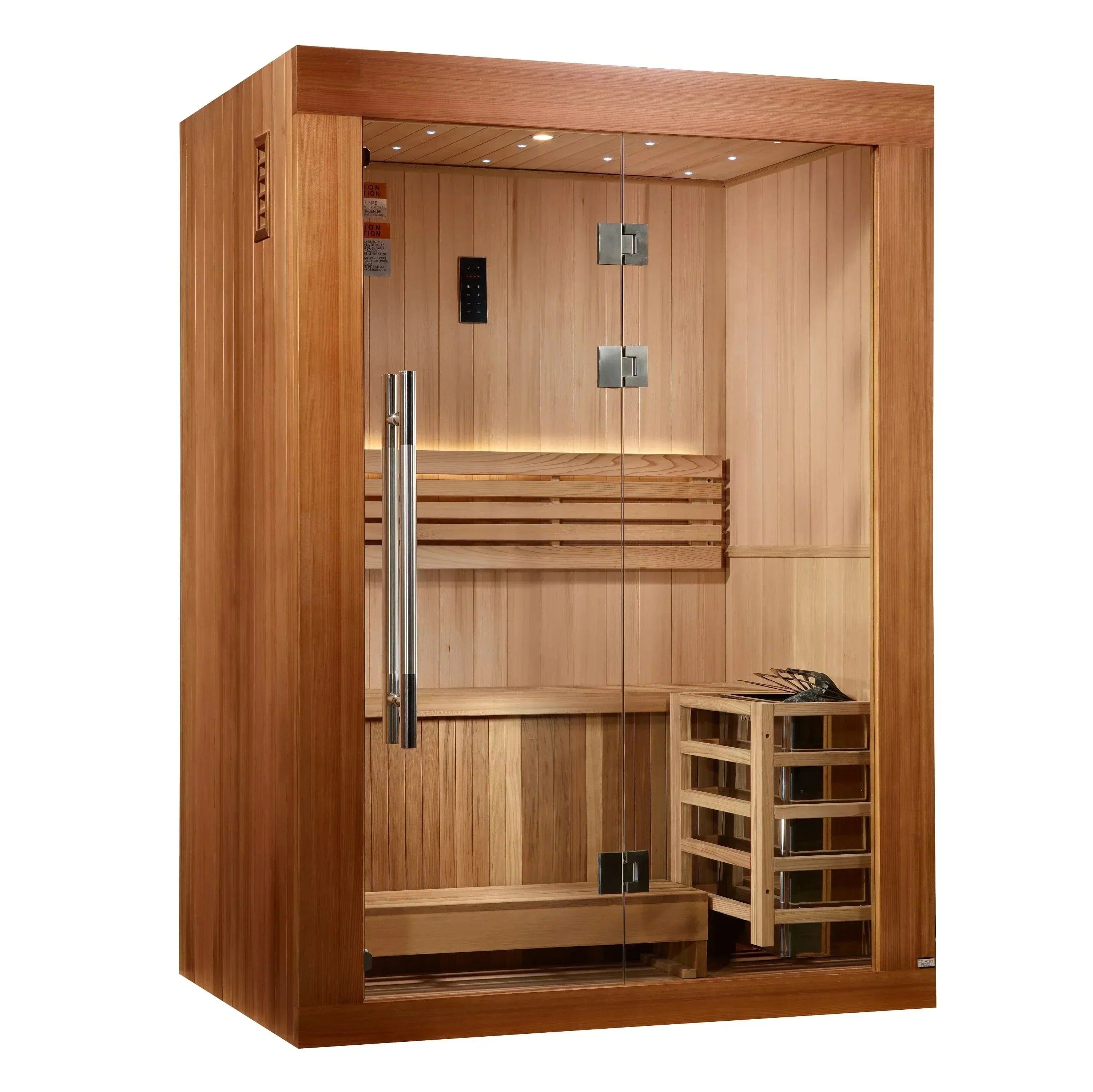 GDI-7289-02 Golden Designs 2025 Sundsvall Edition 2-person traditional sauna cabin with a Pacific Premium Clear Cedar exterior and clear tempered glass door.