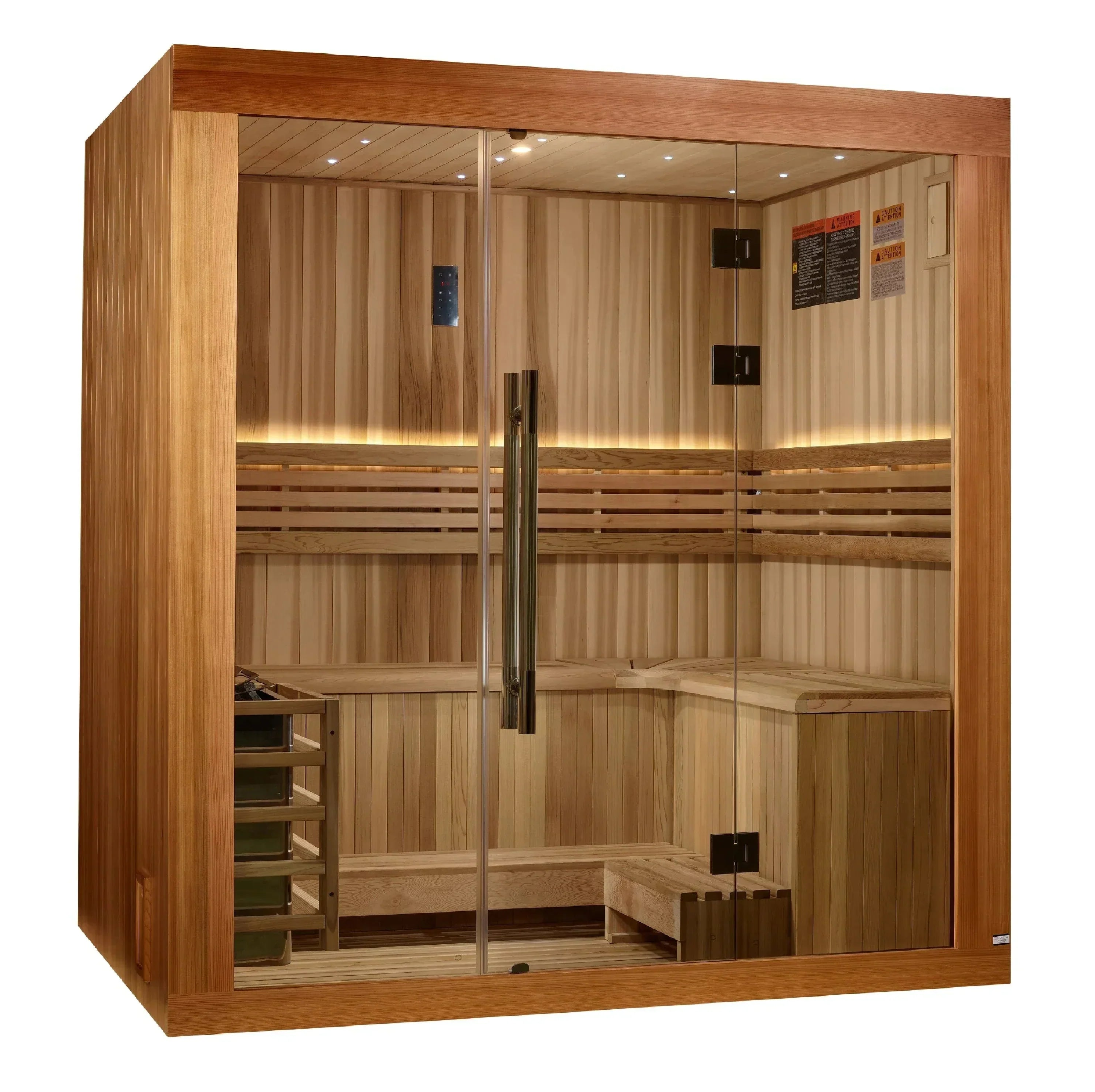 Golden Designs 2025 Copenhagen Edition 3-Person Traditional Sauna crafted with Canadian Red Cedar interior and Pacific Clear Cedar exterior for premium home wellness experience