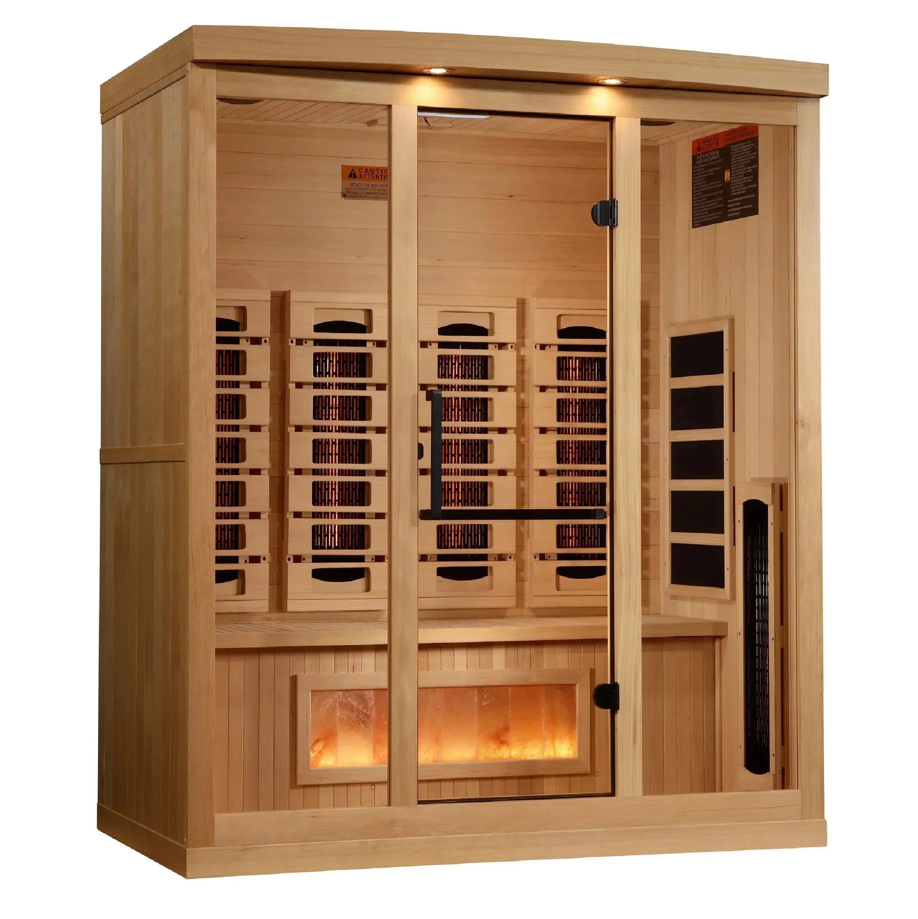 Golden Designs Reserve Edition GDI-8040-03 4-person full spectrum infrared indoor sauna cabin crafted from natural Canadian Hemlock wood.