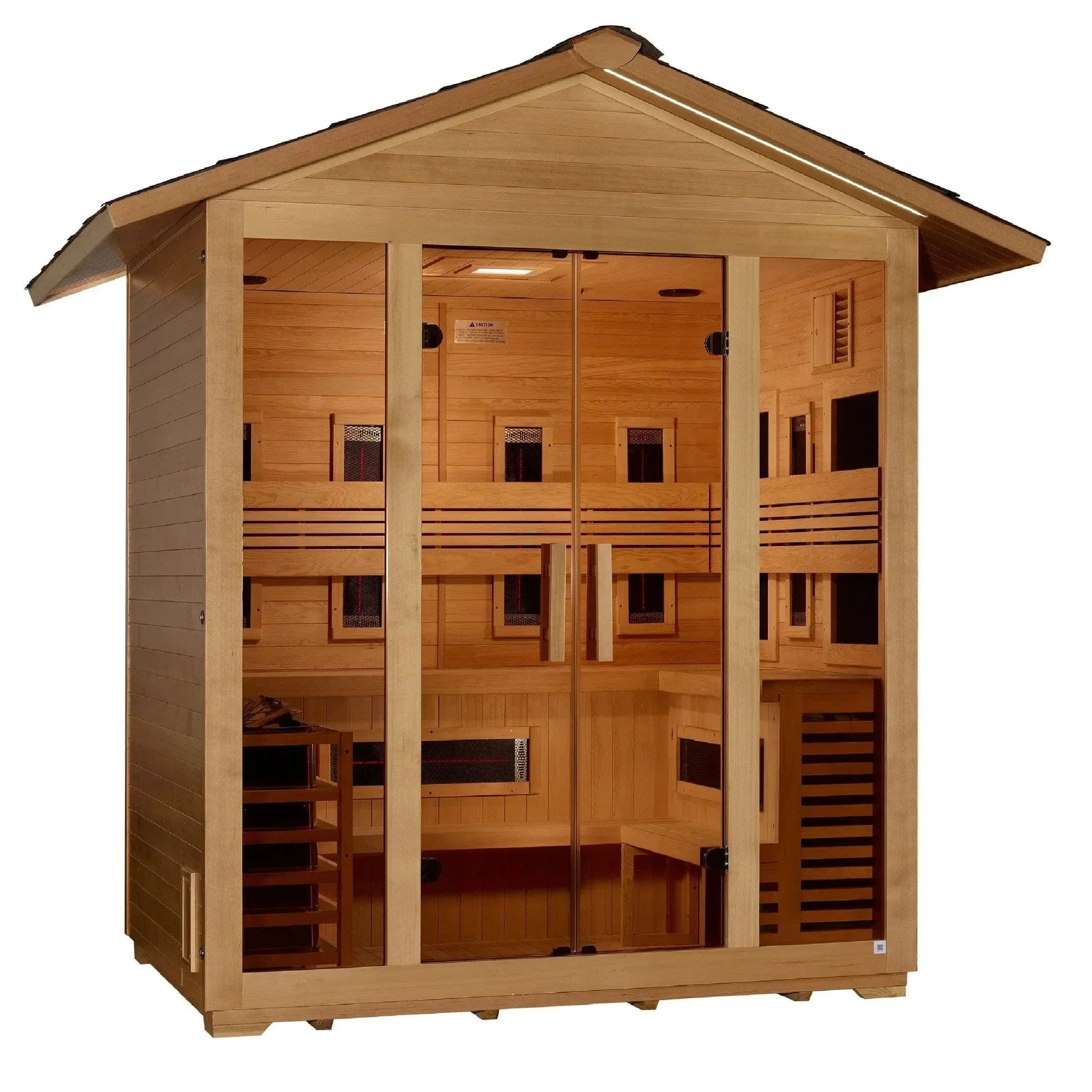 Golden Designs Gargellen 5-person hybrid outdoor sauna cabin constructed from natural Canadian Hemlock wood for backyard wellness.