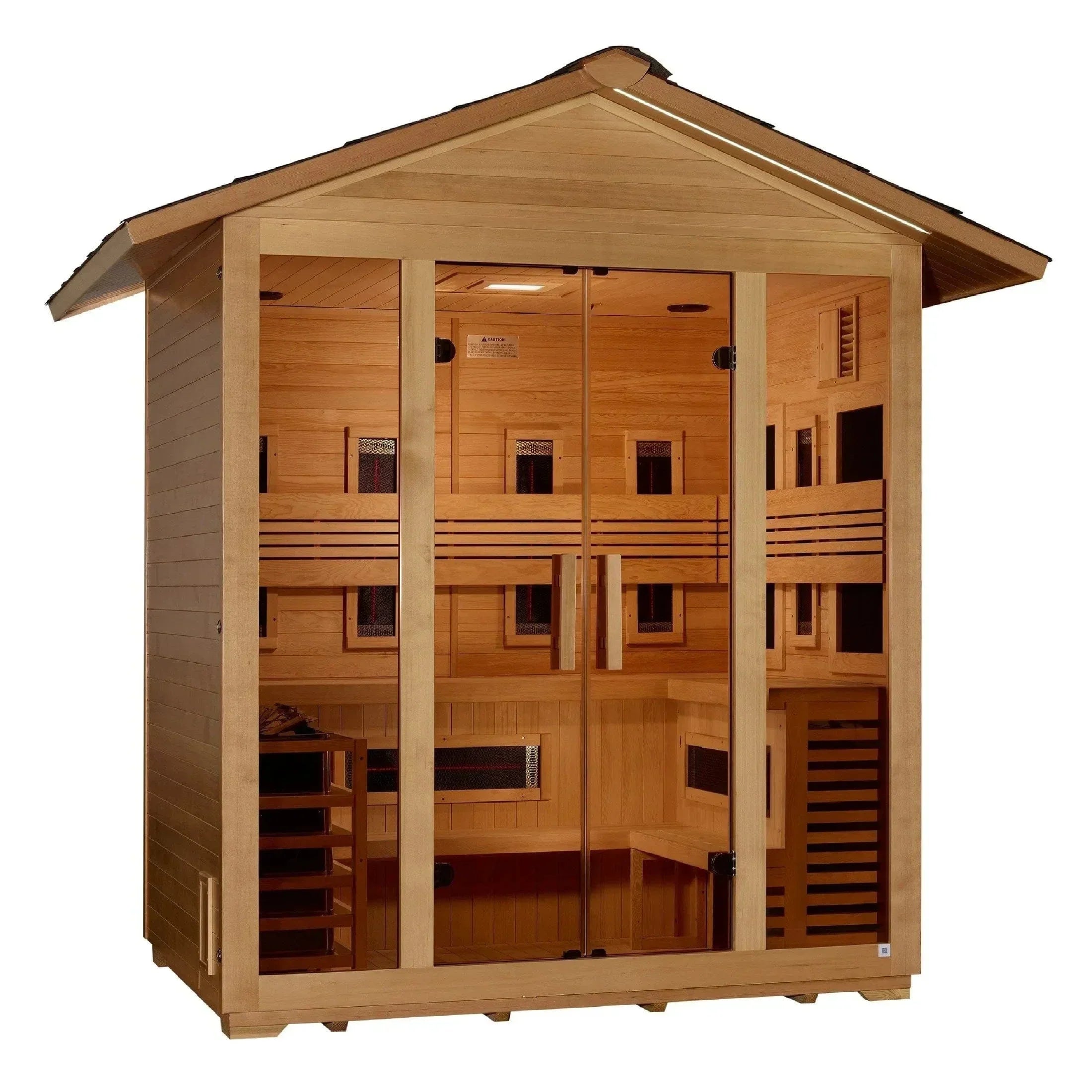 Golden Designs Gargellen 5-person hybrid outdoor sauna cabin constructed from natural Canadian Hemlock wood for backyard wellness.
