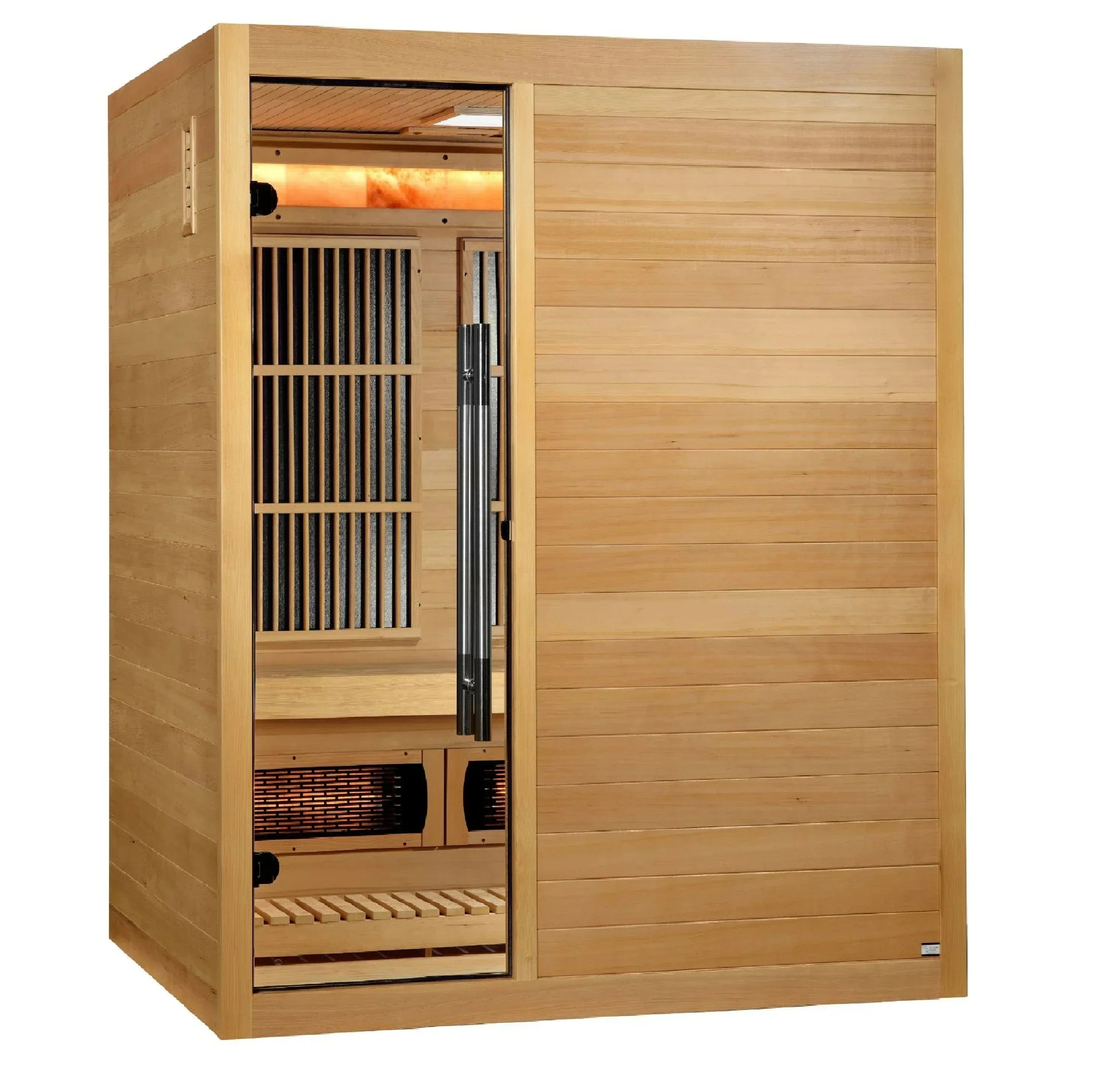 Golden Designs 2025 Soria GDI-8330-01 3-person hybrid indoor sauna with a bronze-tinted privacy tempered glass door.