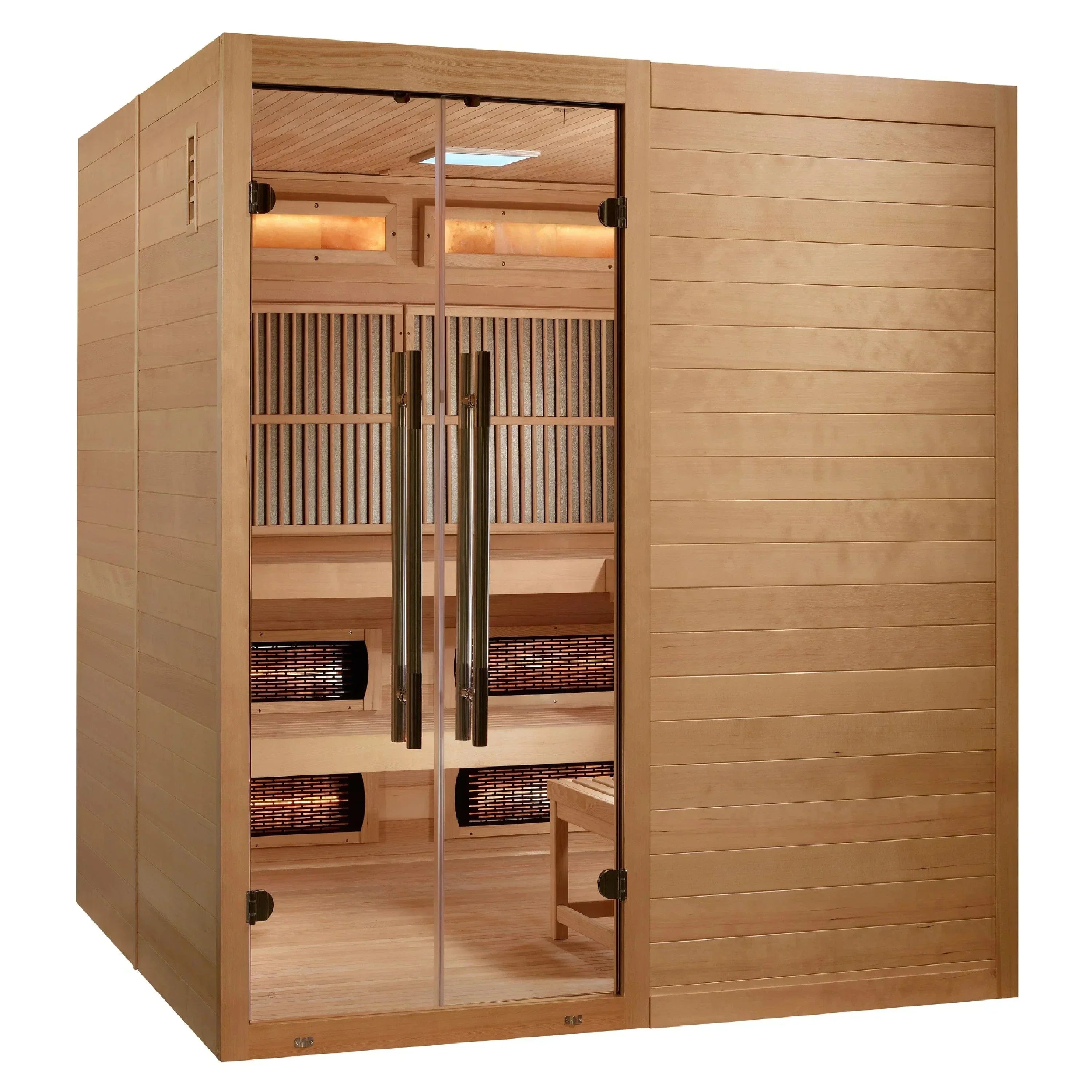 Golden Designs Toledo GDI-8360-01 6-person hybrid indoor sauna cabin crafted from natural Canadian Hemlock wood with wide glass frontage.