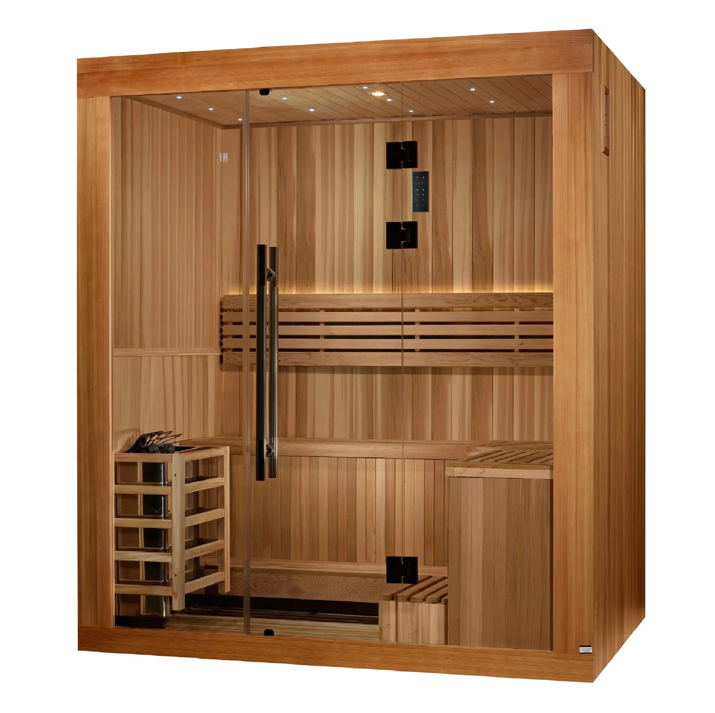 Luxury Golden Designs 2025 Copenhagen 3-person sauna featuring premium red cedar interior and durable clear cedar exterior design