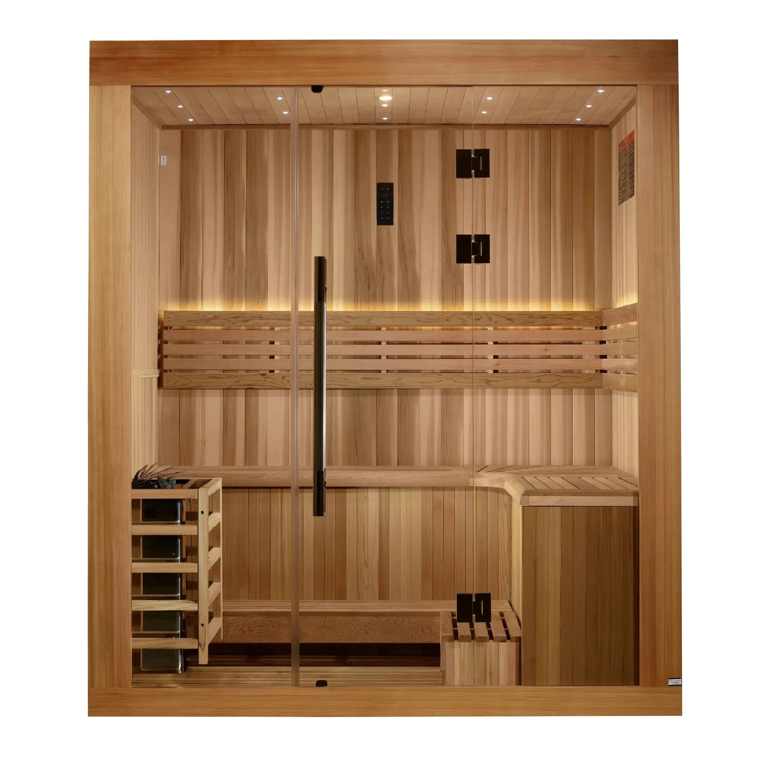 3-person Golden Designs Copenhagen Edition traditional sauna with cedar wood interior and elegant outdoor-ready cedar exterior finish