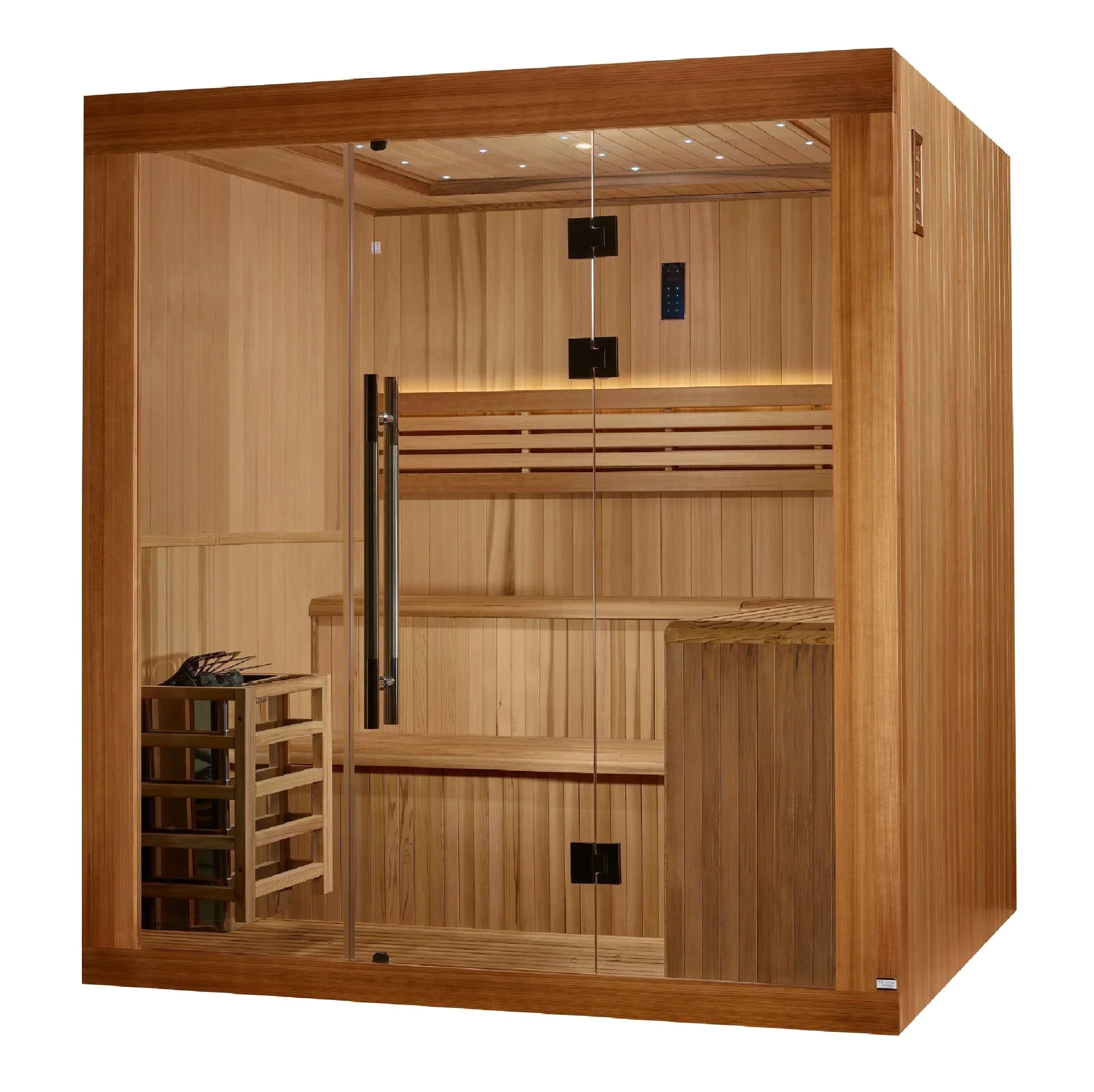 Golden Designs 2025 Osla Edition Traditional Sauna for 6 people with elegant wooden finish, glass door, and premium home sauna experience.