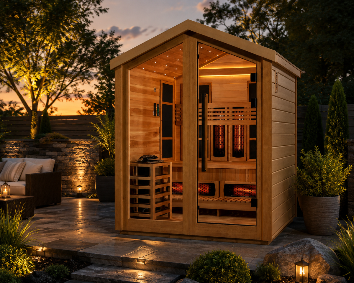 Golden Designs Loviisa GDI-8523-01 3-person hybrid outdoor sauna with full spectrum infrared heating and traditional 8 kW sauna stove