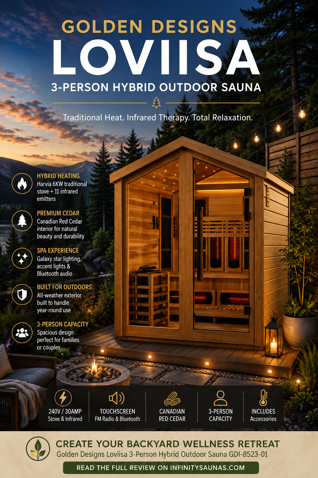 Golden Designs Loviisa GDI-8523-01 3-person hybrid outdoor sauna with full spectrum infrared and traditional sauna heating