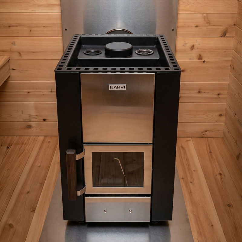 Narvi Kuru sauna heater with wooden handles