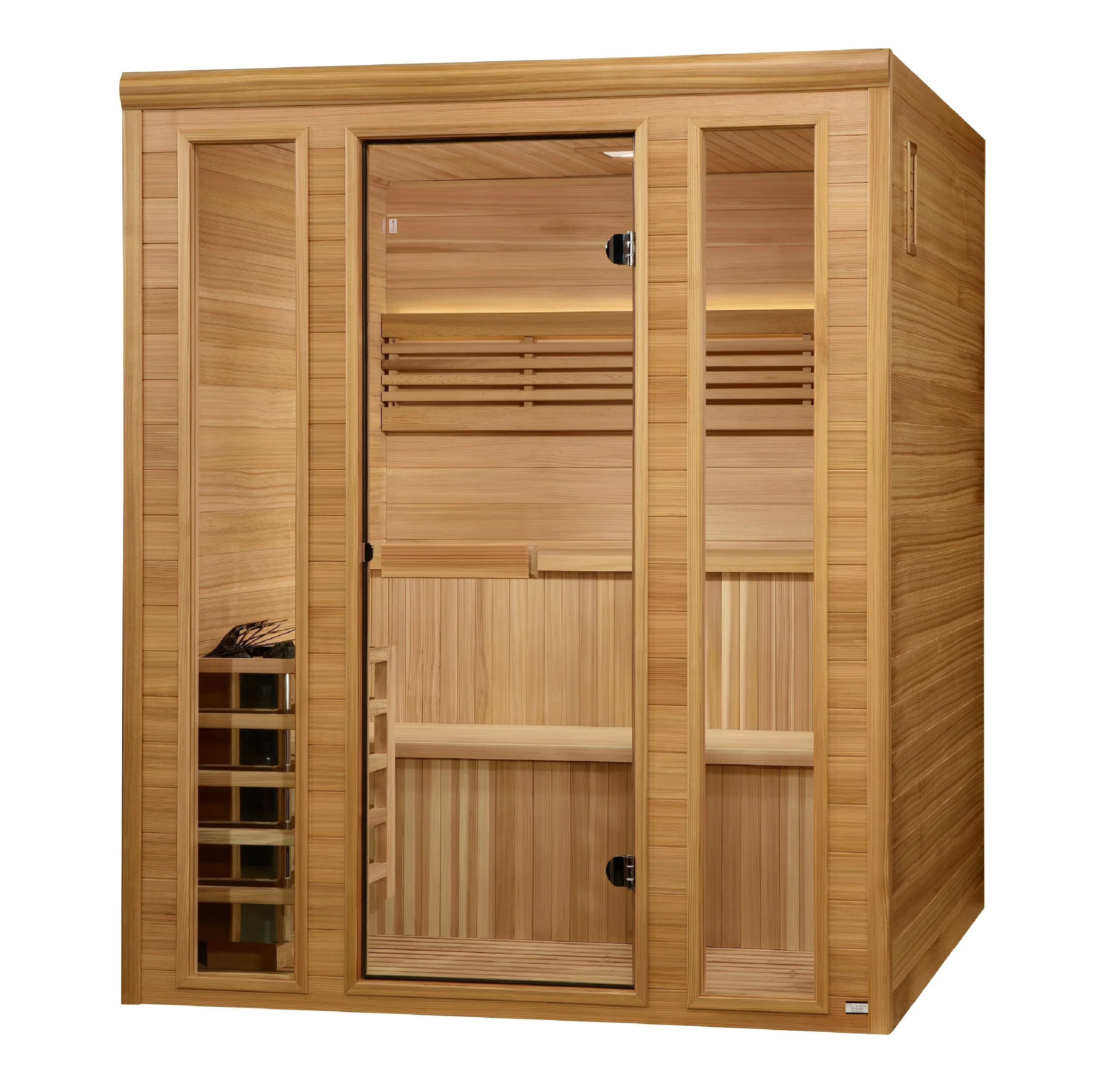 Golden Designs Engelberg Edition 6 Person Traditional Steam Sauna featuring comfortable bench seating, elegant craftsmanship, and authentic steam sauna performance.