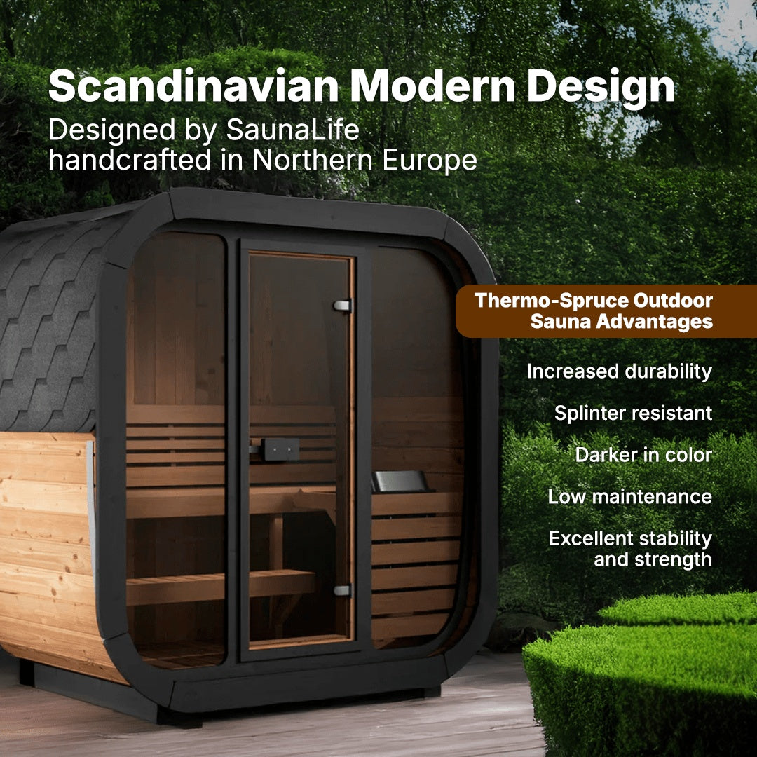 SaunaLife Cube Series CL4G outdoor home sauna crafted from premium Thermo-Spruce wood