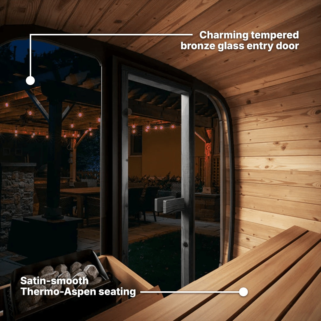 Premium SaunaLife CL4G outdoor sauna installed in a natural backyard setting