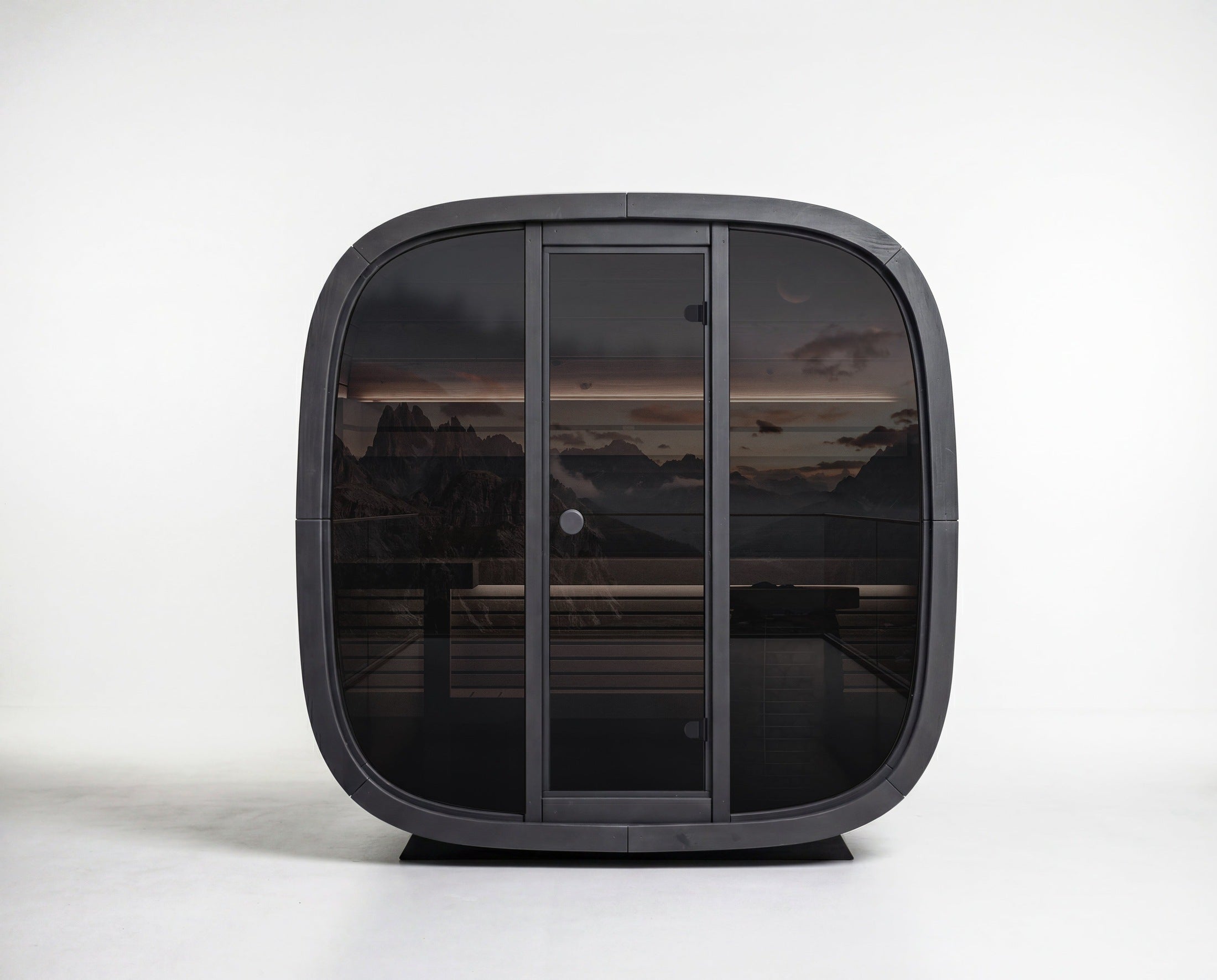 SASE-BC-5 Leil Black Cube Classic 4-person outdoor sauna kit with black Thermowood exterior, smoked glass front, modern wood sauna cabin for backyard wellness and relaxation
