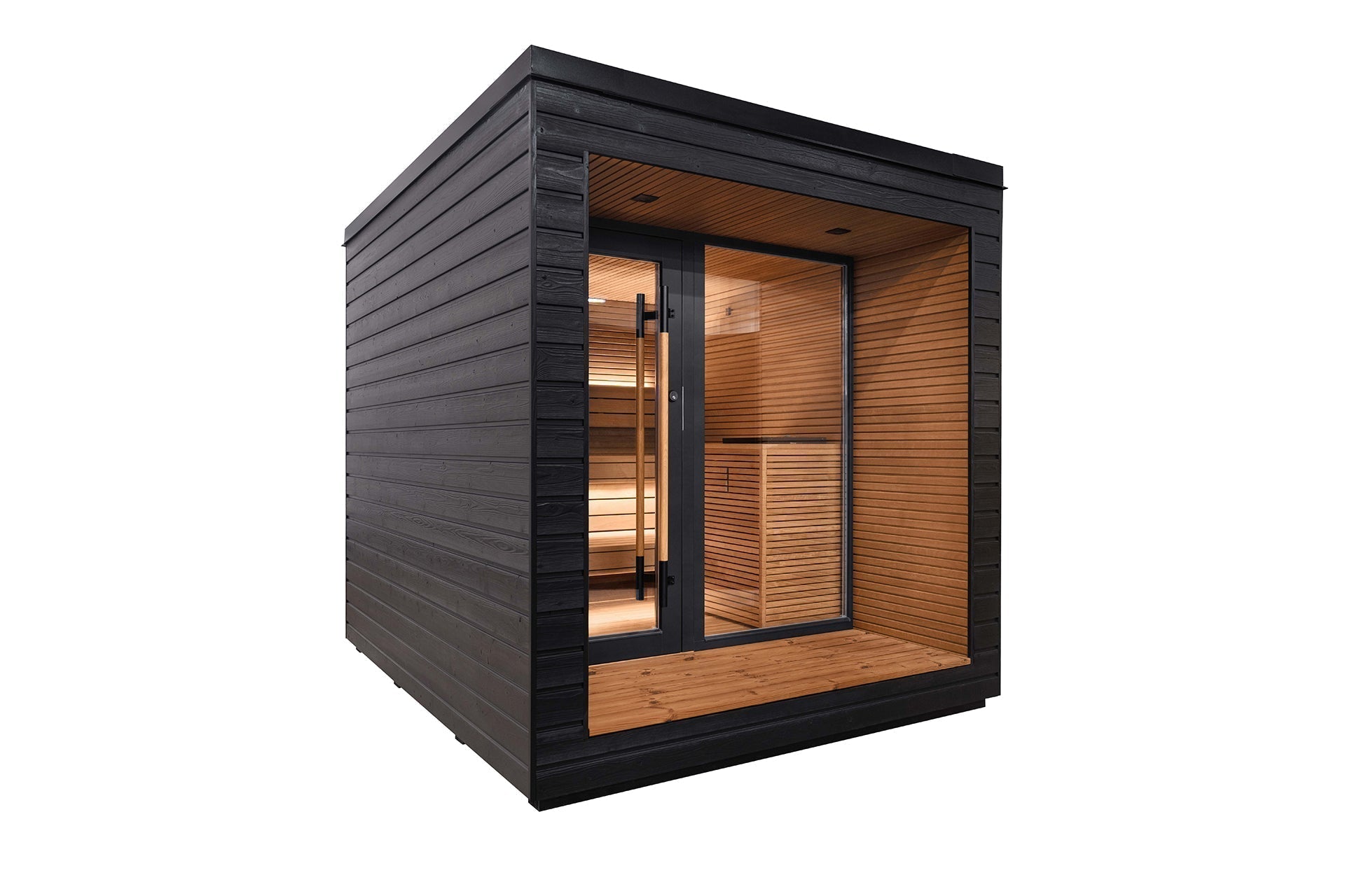 Auroom Arti modular outdoor sauna with natural wood finish