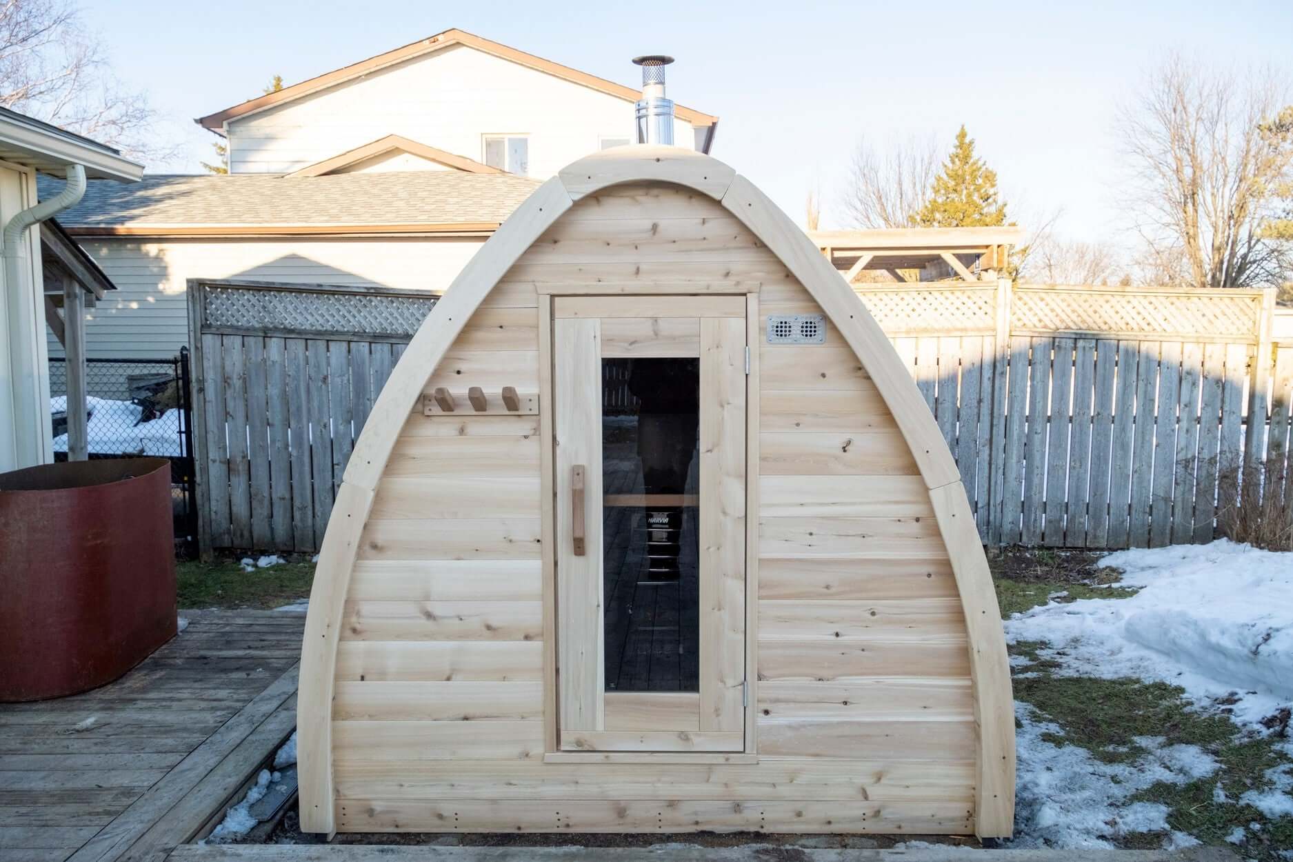 Dundalk Leisure compact MiniPOD sauna for small outdoor spaces