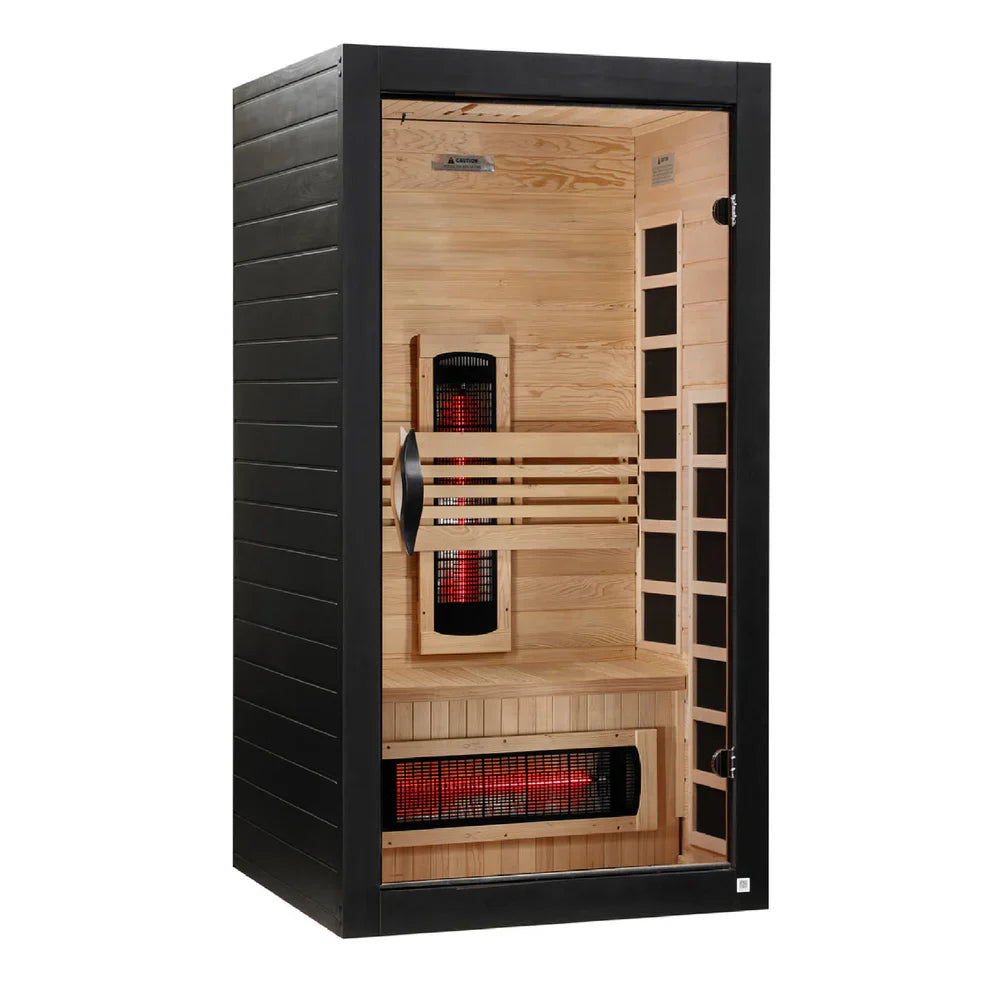 Dynamic Santorini DYN-6009-03 FS 1-2 Person Full Spectrum Near Zero EMF Far Infrared Sauna made from Canadian Hemlock wood featuring red light therapy, chromotherapy lighting, and compact indoor home wellness design