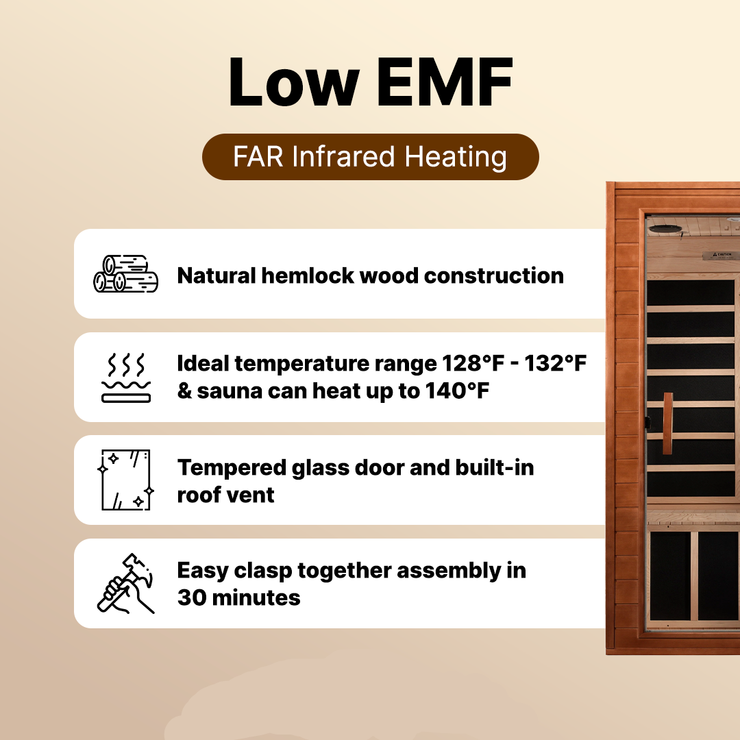Interior view of Dynamic Avila 1-2 person infrared sauna with ergonomic seating and low EMF FAR infrared heating system