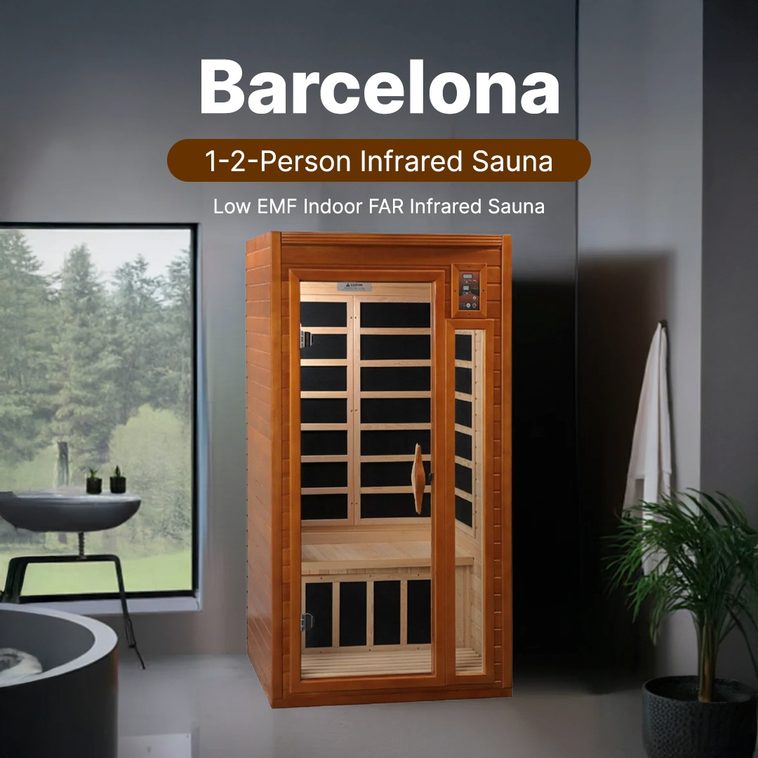 Modern Dynamic Barcelona FAR infrared sauna cabin for home wellness, offering compact footprint, energy-efficient heating, and natural wood finish.