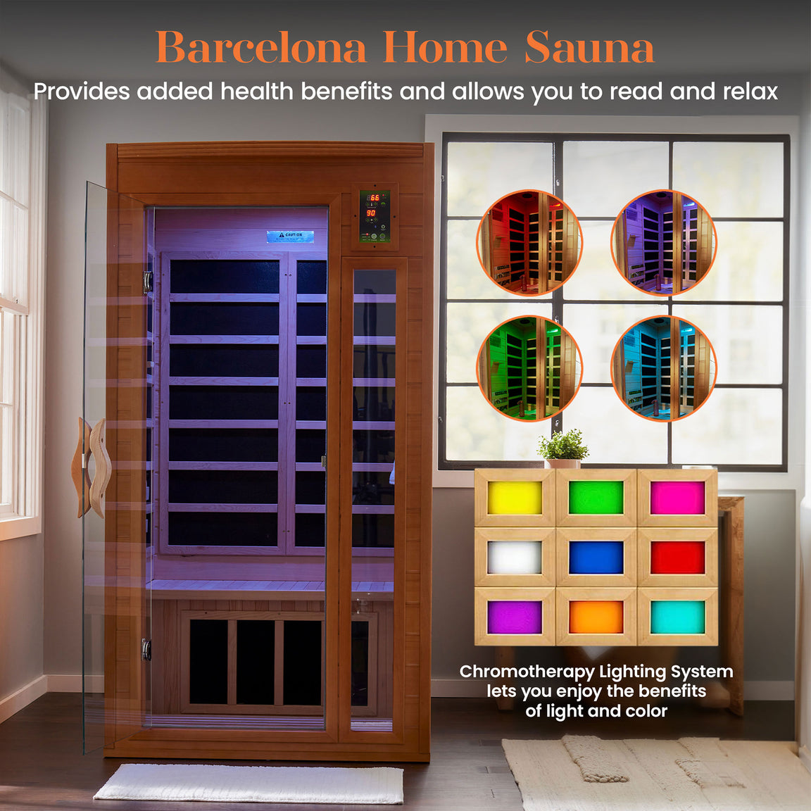 Dynamic Barcelona Elite DYN-6106-01 infrared sauna 1–2 person ultra low EMF FAR therapy sauna with premium wood construction Bluetooth audio and LED chromotherapy