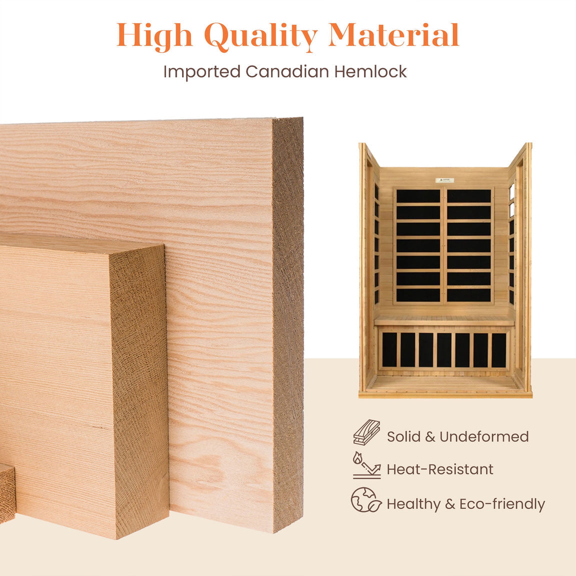 1–2 person indoor Dynamic Barcelona infrared sauna with low EMF FAR heat system and durable Canadian Hemlock wood construction for daily wellness use.