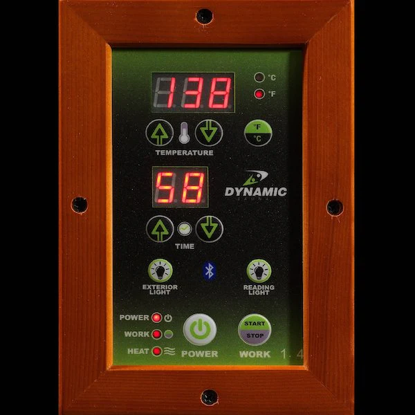 Dynamic Barcelona DYN-6106-01 1–2 person FAR infrared sauna cabin offering therapeutic heat, compact footprint, and modern home spa comfort.