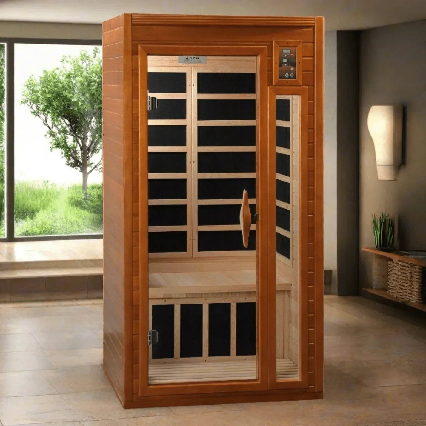 Indoor Dynamic Barcelona infrared sauna for 1–2 users featuring FAR infrared therapy, space-saving design, and natural wood construction for relaxation and recovery.