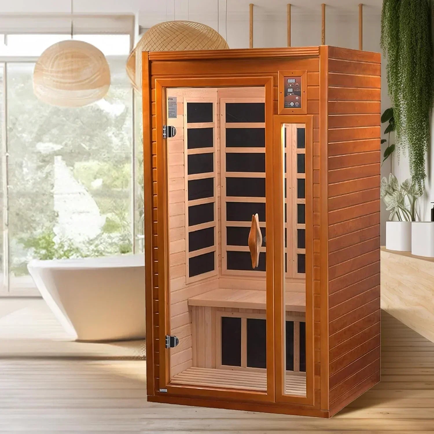 1–2 person Dynamic Barcelona FAR infrared sauna with space-saving design, low EMF technology, and durable Canadian Hemlock wood interior.