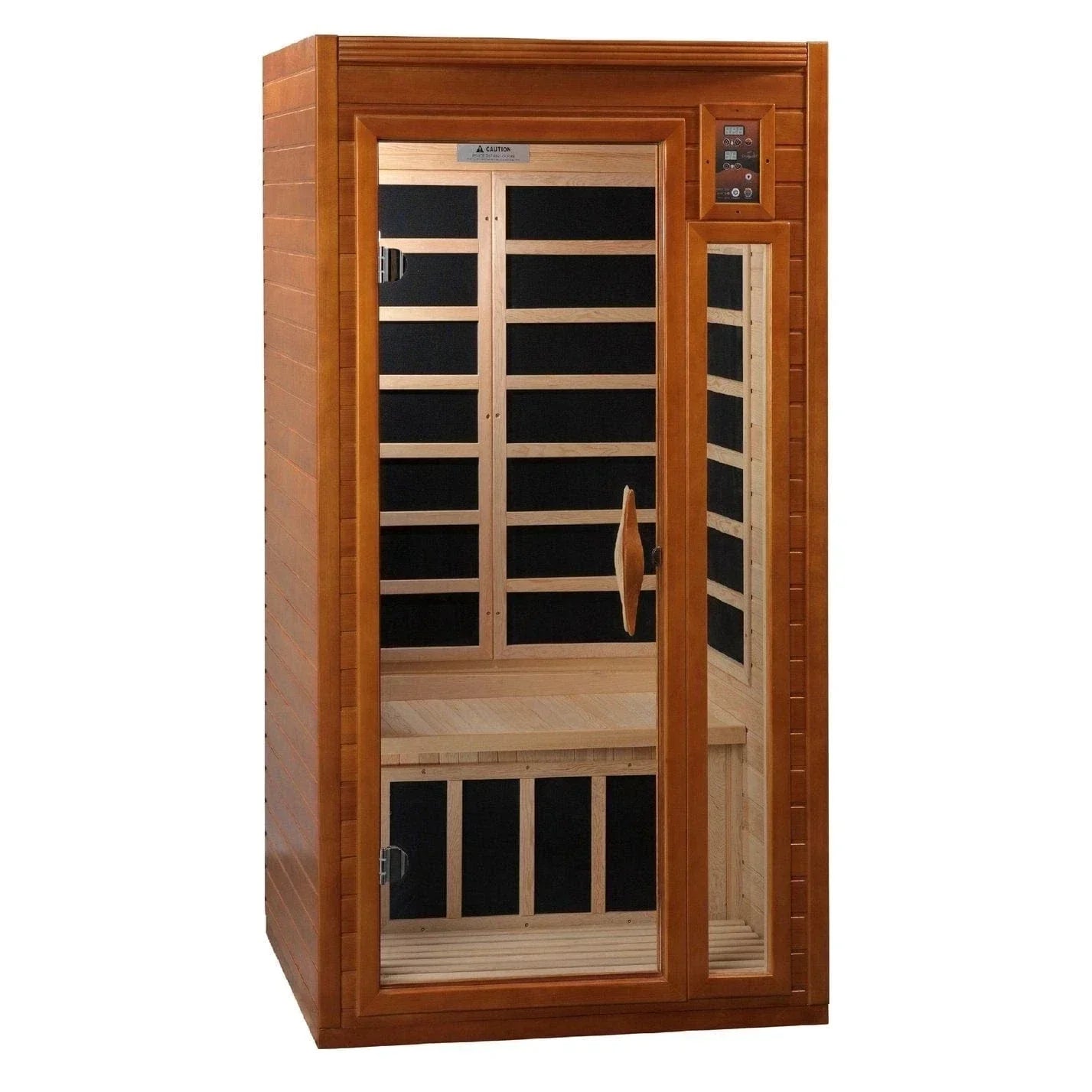 Dynamic Barcelona 1-2 Person Low EMF FAR Infrared Sauna DYN-6106-01 made from Canadian Hemlock wood, compact indoor home sauna with FAR infrared heating panels for relaxation, recovery, and wellness.