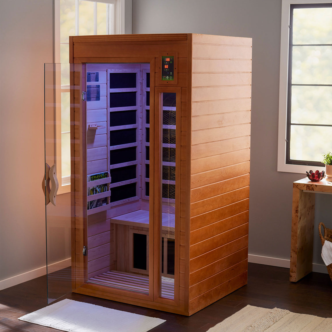 DYN-6106-01 Dynamic Barcelona Elite ultra low EMF infrared sauna 1-2 person Canadian Hemlock wood FAR heat therapy cabin for home wellness and relaxation