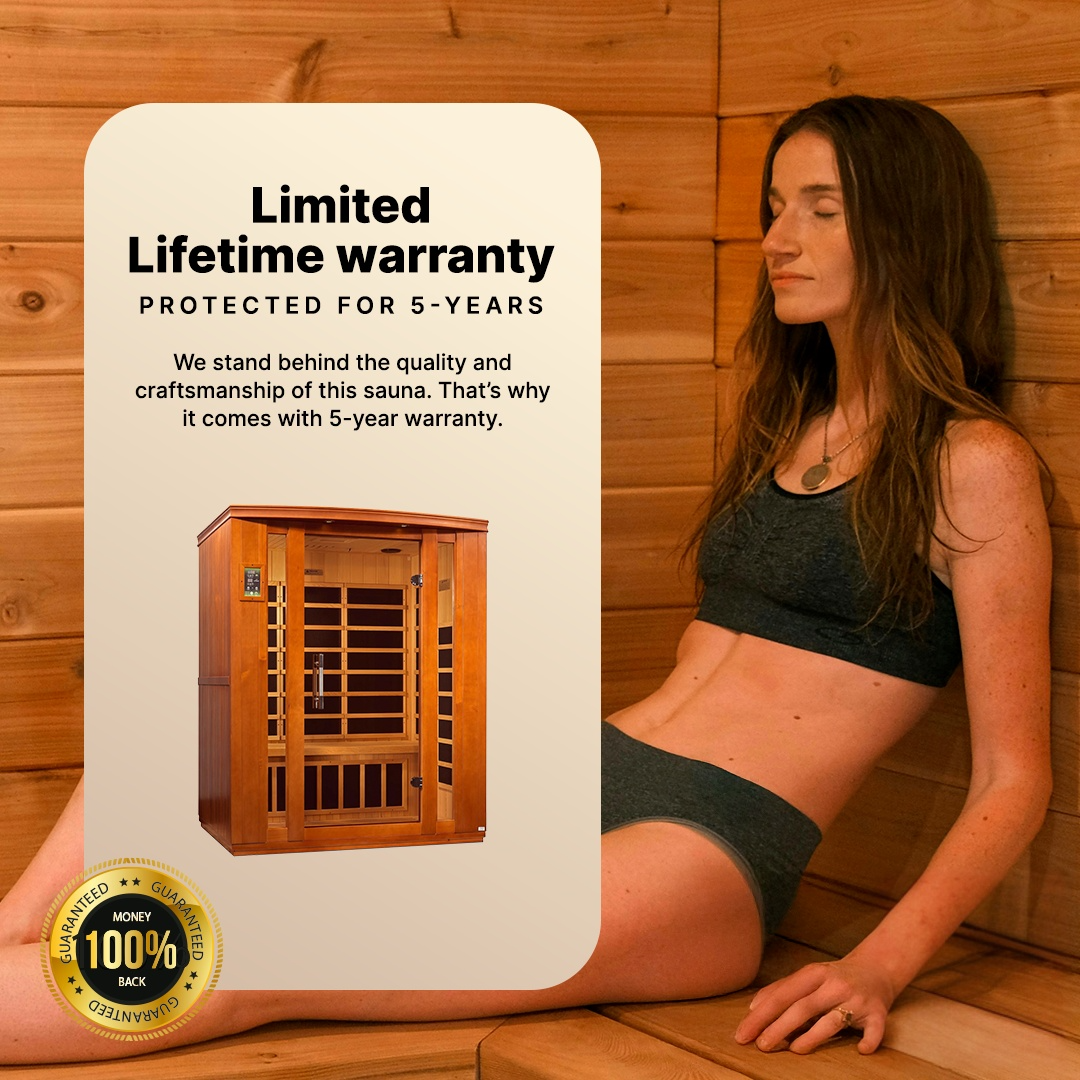 Dynamic Bellagio infrared sauna DYN-6306-02 with Canadian Hemlock build, offering deep heat therapy, recovery support, and modern home spa design.