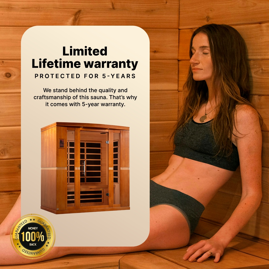 DYN-6440-01 Dynamic Bergamo 4-person sauna cabin with advanced FAR infrared technology, low EMF output, and natural wood luxury design.