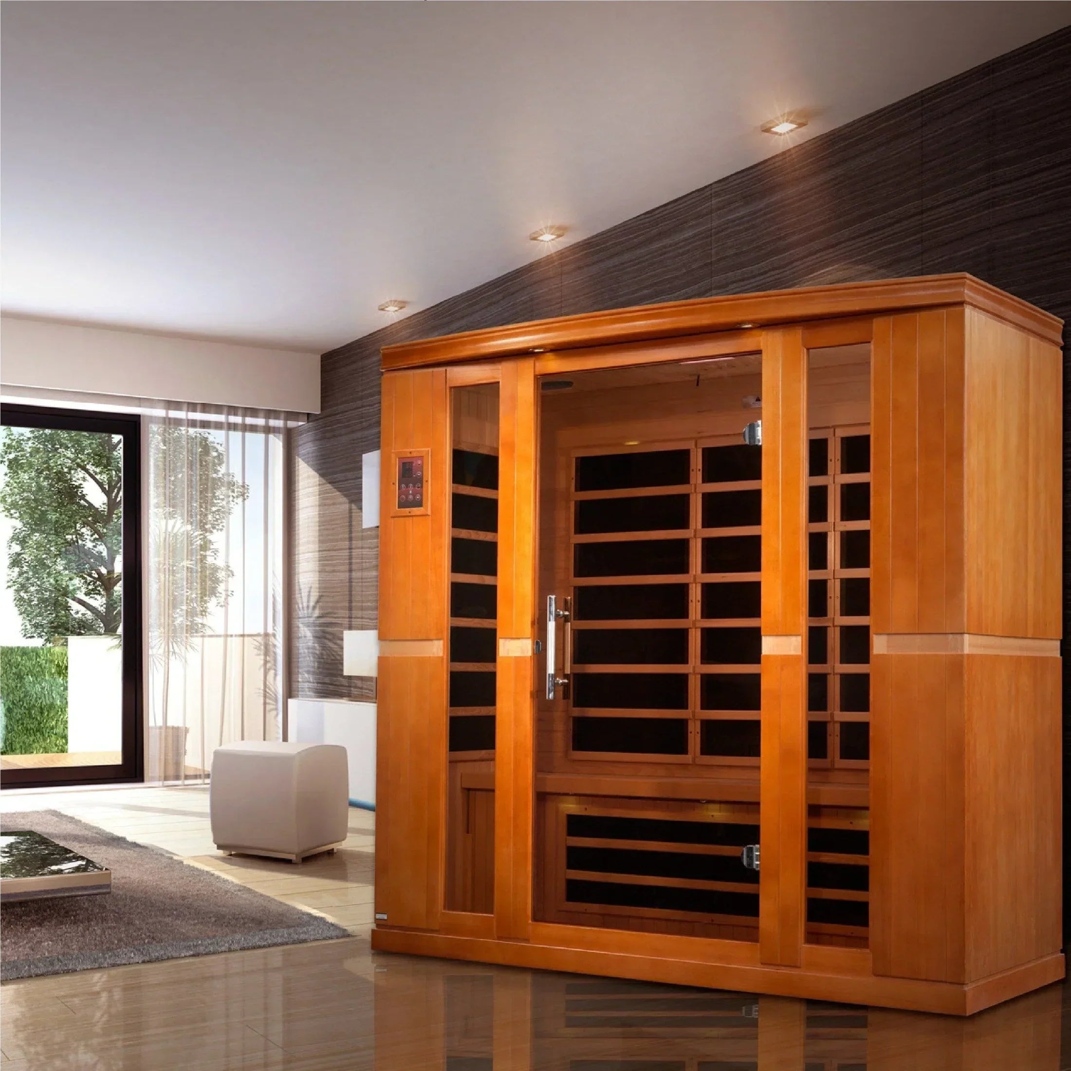4-person Dynamic Bergamo infrared sauna featuring FAR infrared heat panels, eco-friendly Hemlock construction, and low EMF technology for safe home wellness use.