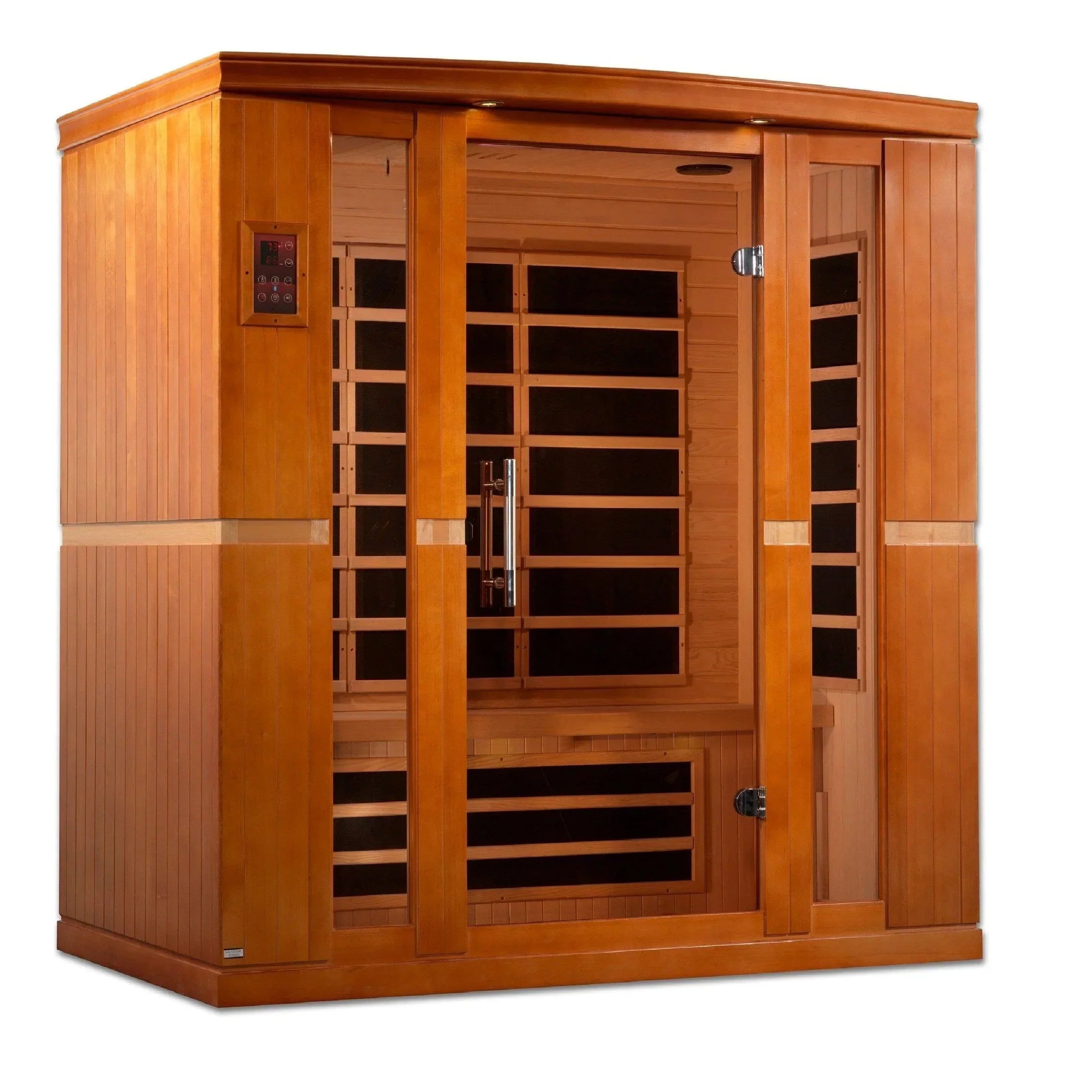 Dynamic Bergamo DYN-6440-01 4-person infrared sauna with Canadian Hemlock wood build, low EMF FAR infrared heating, and spacious home relaxation interior.