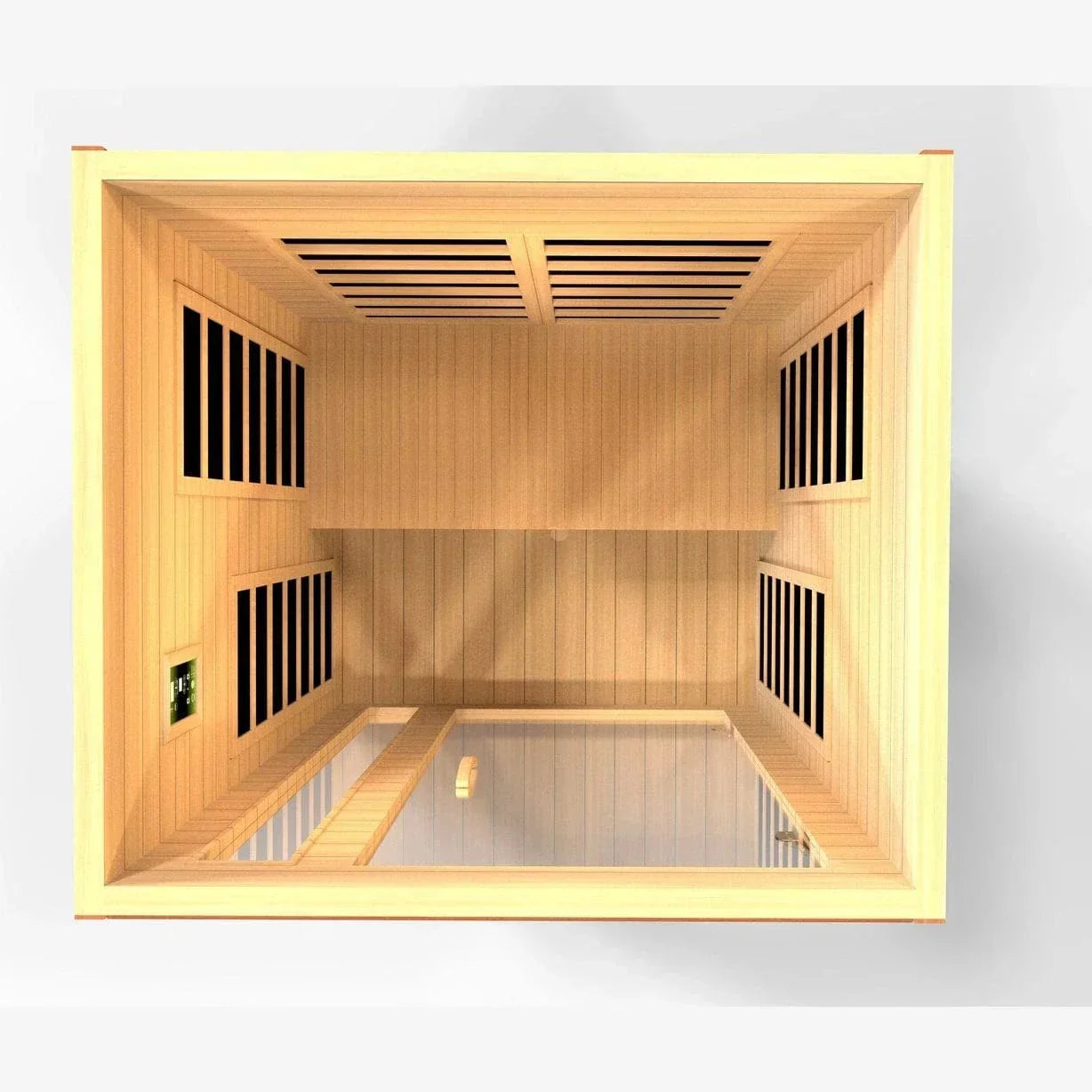 2-person Dynamic Cordoba Elite infrared sauna DYN-6203-01 Elite with Ultra Low EMF FAR infrared heating and indoor home spa design.