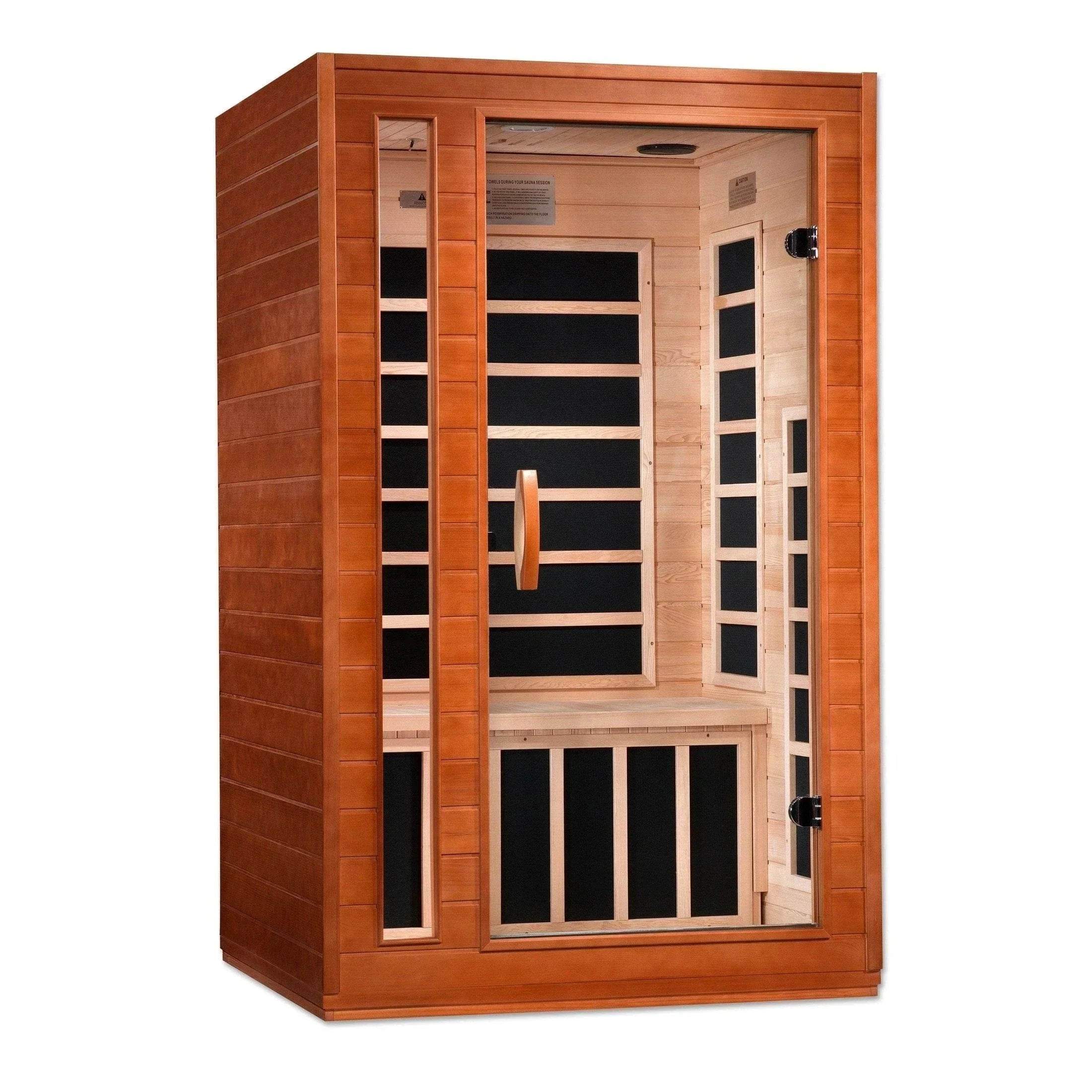Dynamic Cordoba Elite 2-person Ultra Low EMF FAR Infrared Sauna DYN-6203-01 Elite made from Canadian Hemlock wood featuring FAR infrared heating panels, low EMF technology, and compact indoor wellness design for home relaxation and muscle recovery.