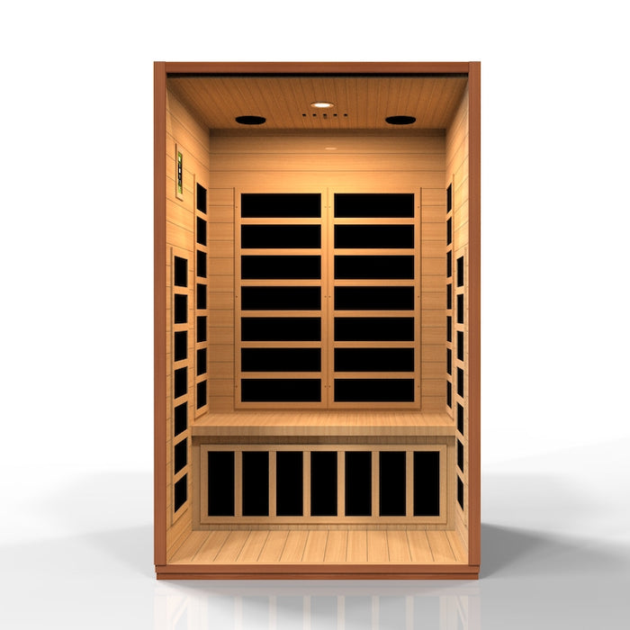 Luxury Dynamic Cordoba Elite 2-person infrared sauna featuring Ultra Low EMF FAR infrared technology and natural Canadian Hemlock wood finish.