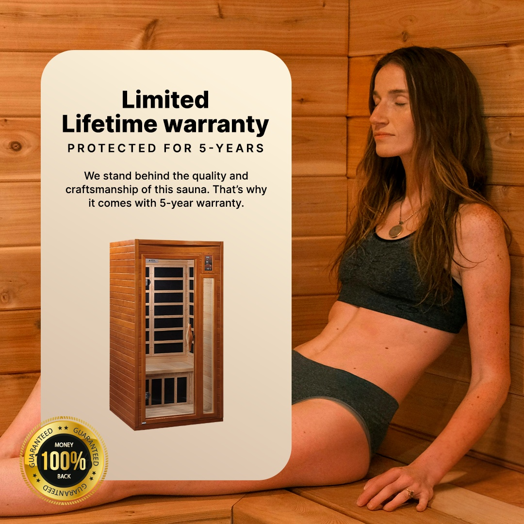 Dynamic Barcelona DYN-6106-01 1–2 person FAR infrared sauna with low EMF heating system and Canadian Hemlock wood for compact home wellness use.